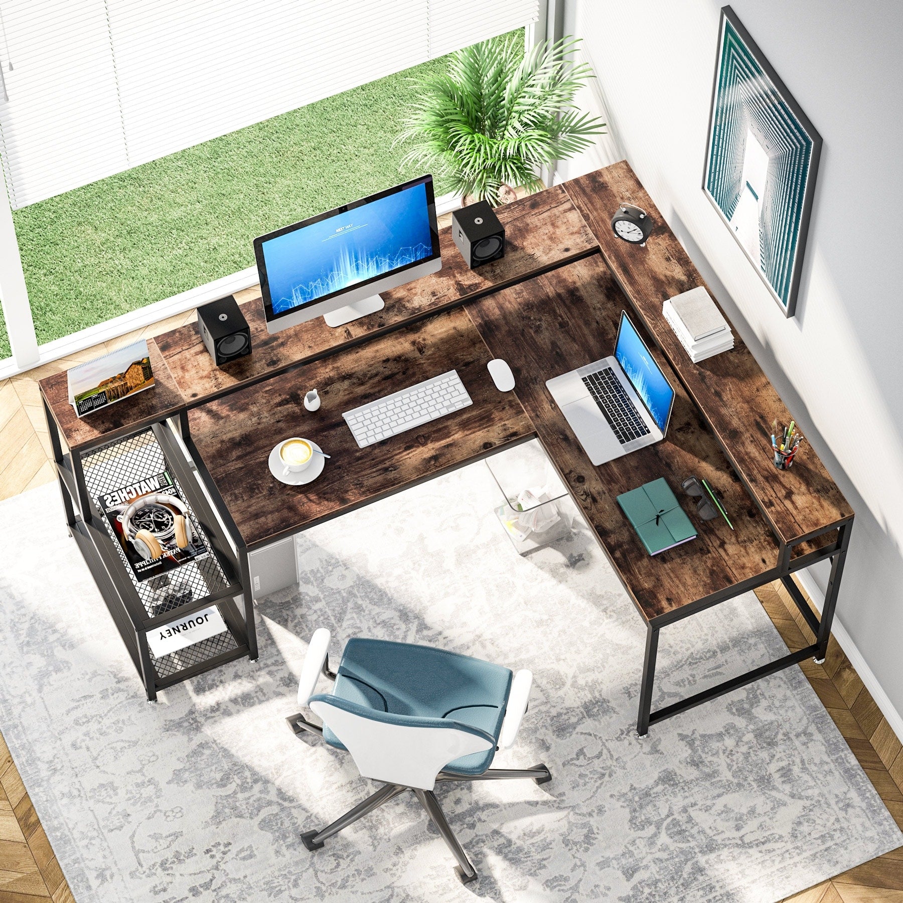 Scrivania a L con ripiano per monitor, scrivania angolare reversibile per computer per ufficio e casa 69