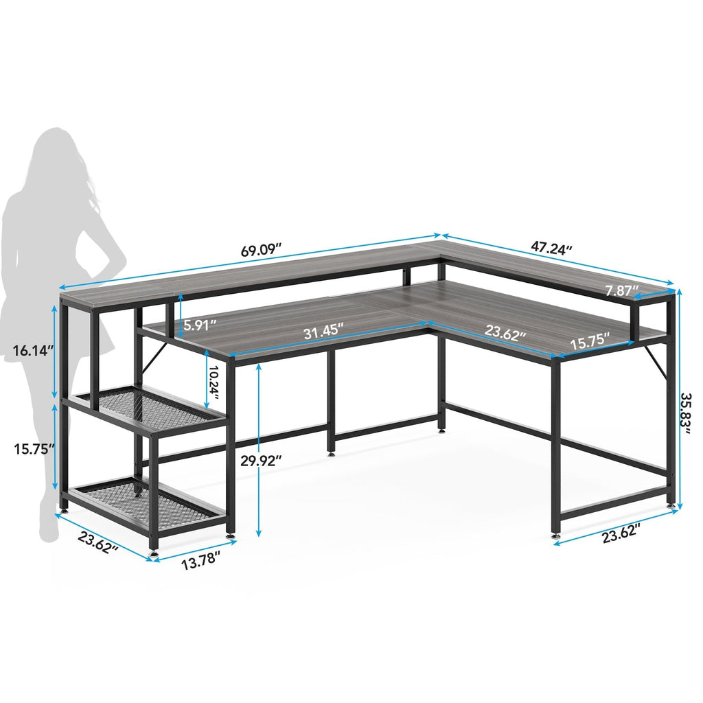 Scrivania a L con ripiano per monitor, scrivania angolare reversibile per computer per ufficio e casa 69