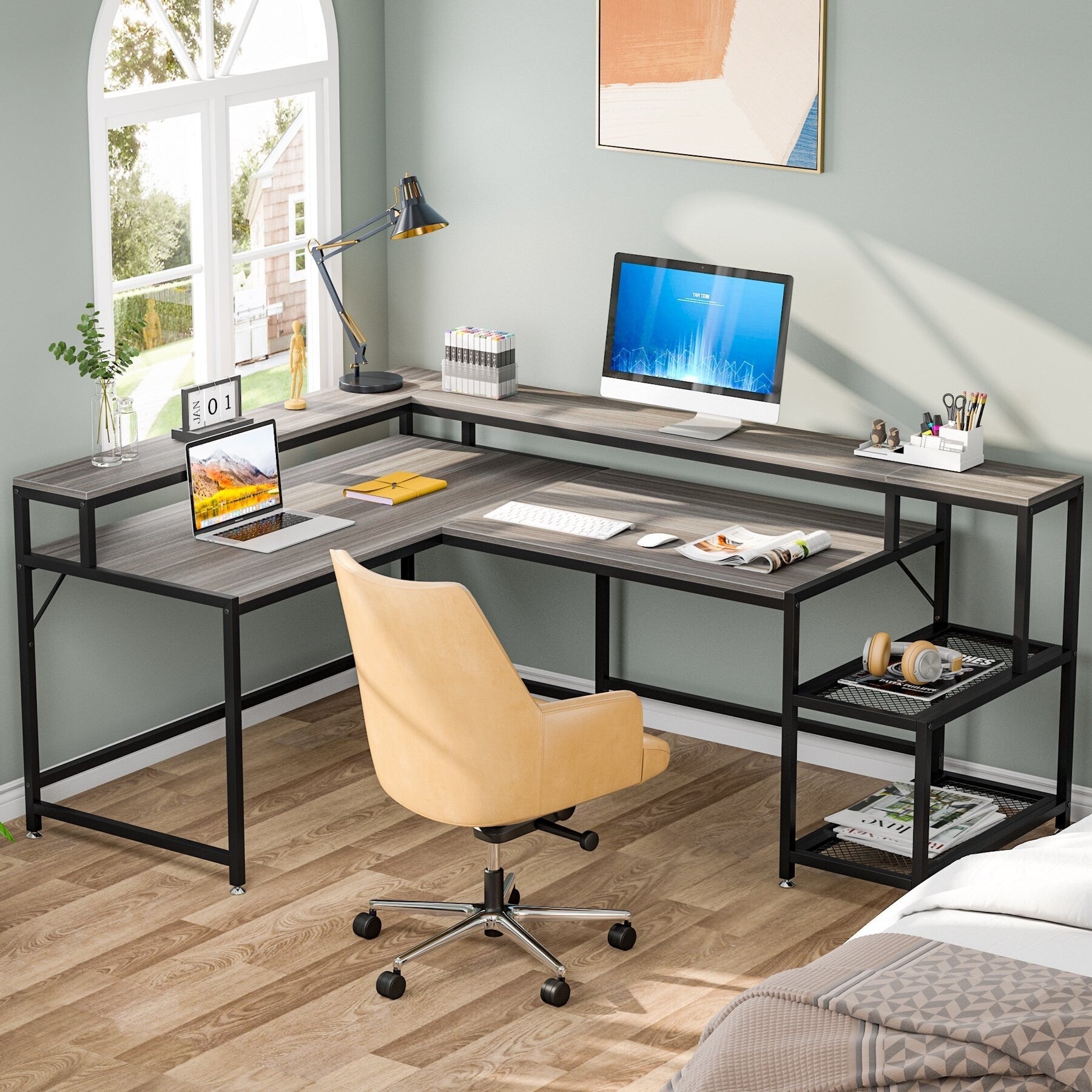 Scrivania a L con ripiano per monitor, scrivania angolare reversibile per computer per ufficio e casa 69