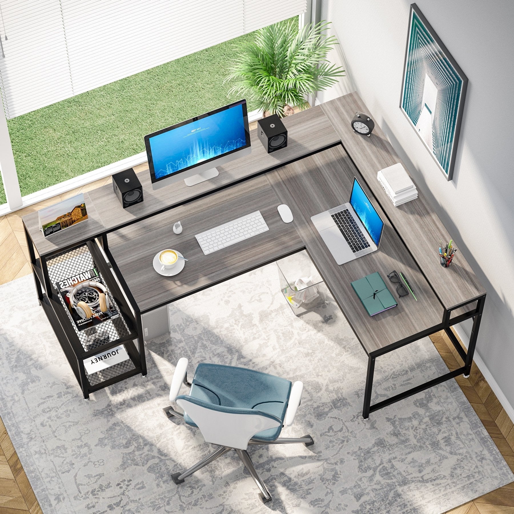 Scrivania a L con ripiano per monitor, scrivania angolare reversibile per computer per ufficio e casa 69