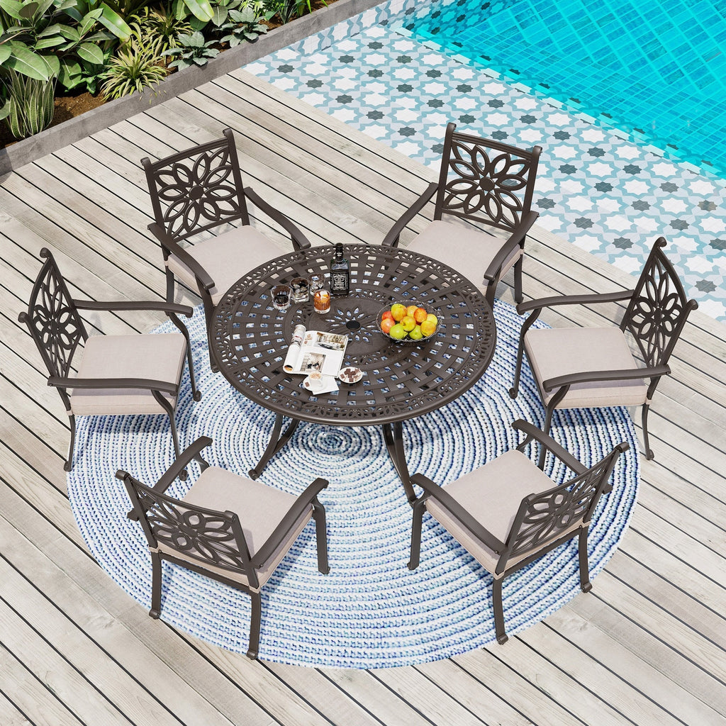 MAISON ARTS Sedie da pranzo in alluminio pressofuso/Set da pranzo per patio con tavolo da pranzo rotondo e 6 sedie da patio in alluminio pressofuso