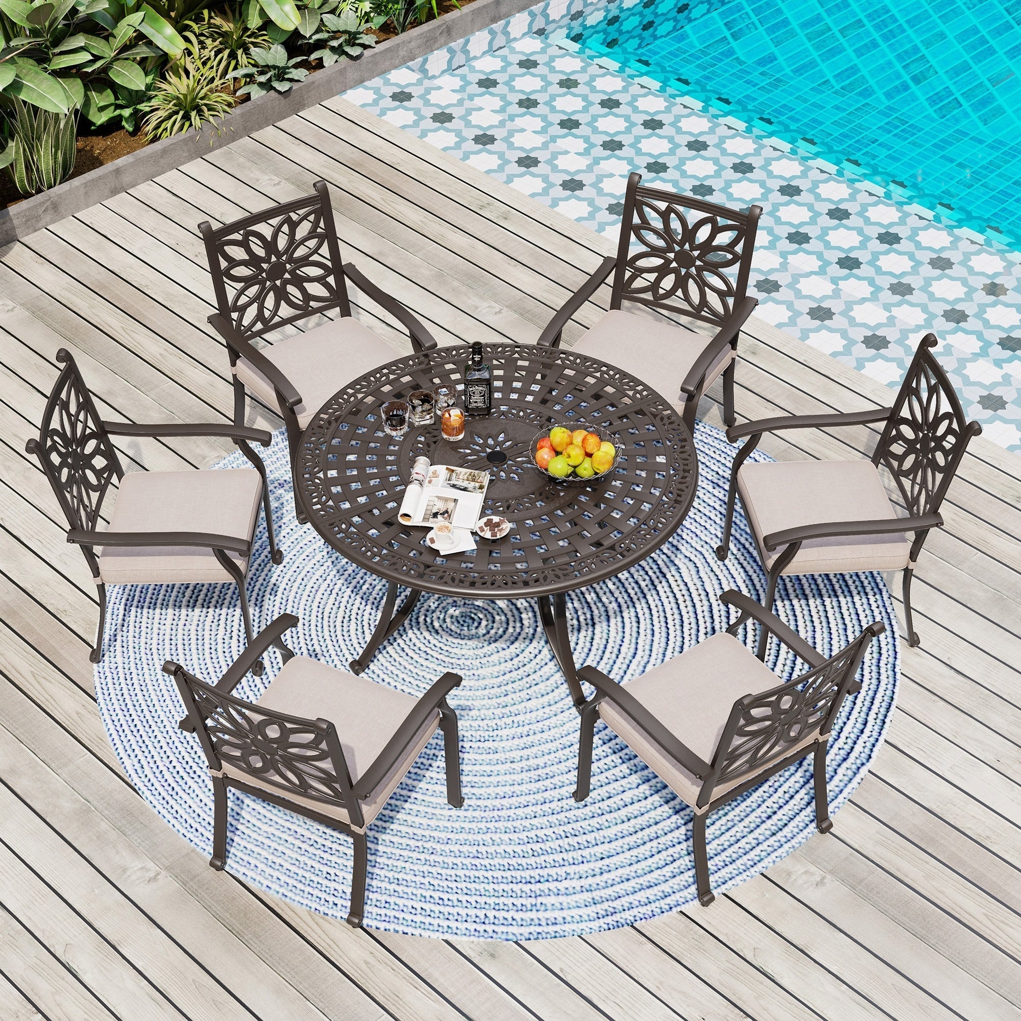MAISON ARTS Sedie da pranzo in alluminio pressofuso/Set da pranzo per patio con tavolo da pranzo rotondo e 6 sedie da patio in alluminio pressofuso