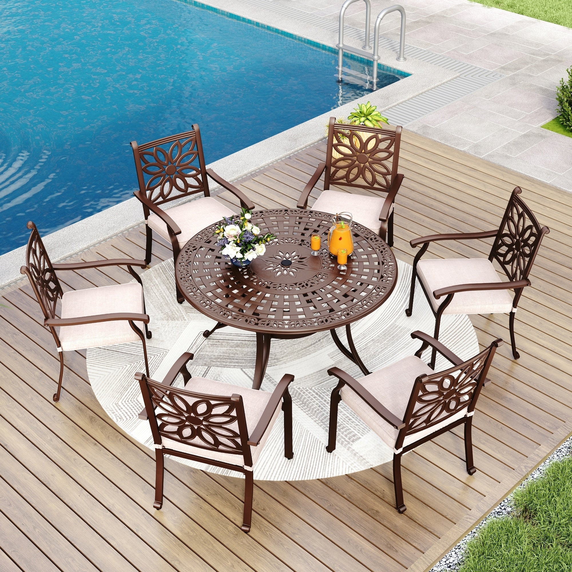 MAISON ARTS Sedie da pranzo in alluminio pressofuso/Set da pranzo per patio con tavolo da pranzo rotondo e 6 sedie da patio in alluminio pressofuso