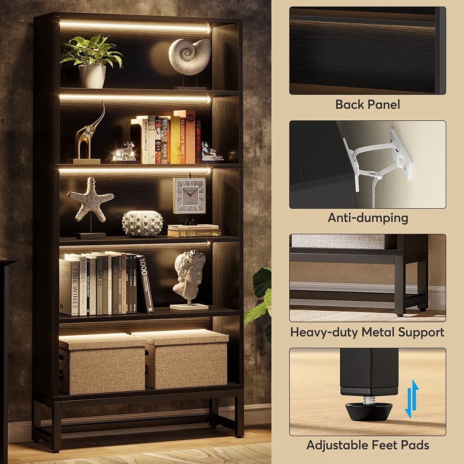 Libreria e scaffale alti 70,8 pollici, librerie grandi a 5 ripiani - 11,81 P x 31,5 L x 70,87 A
