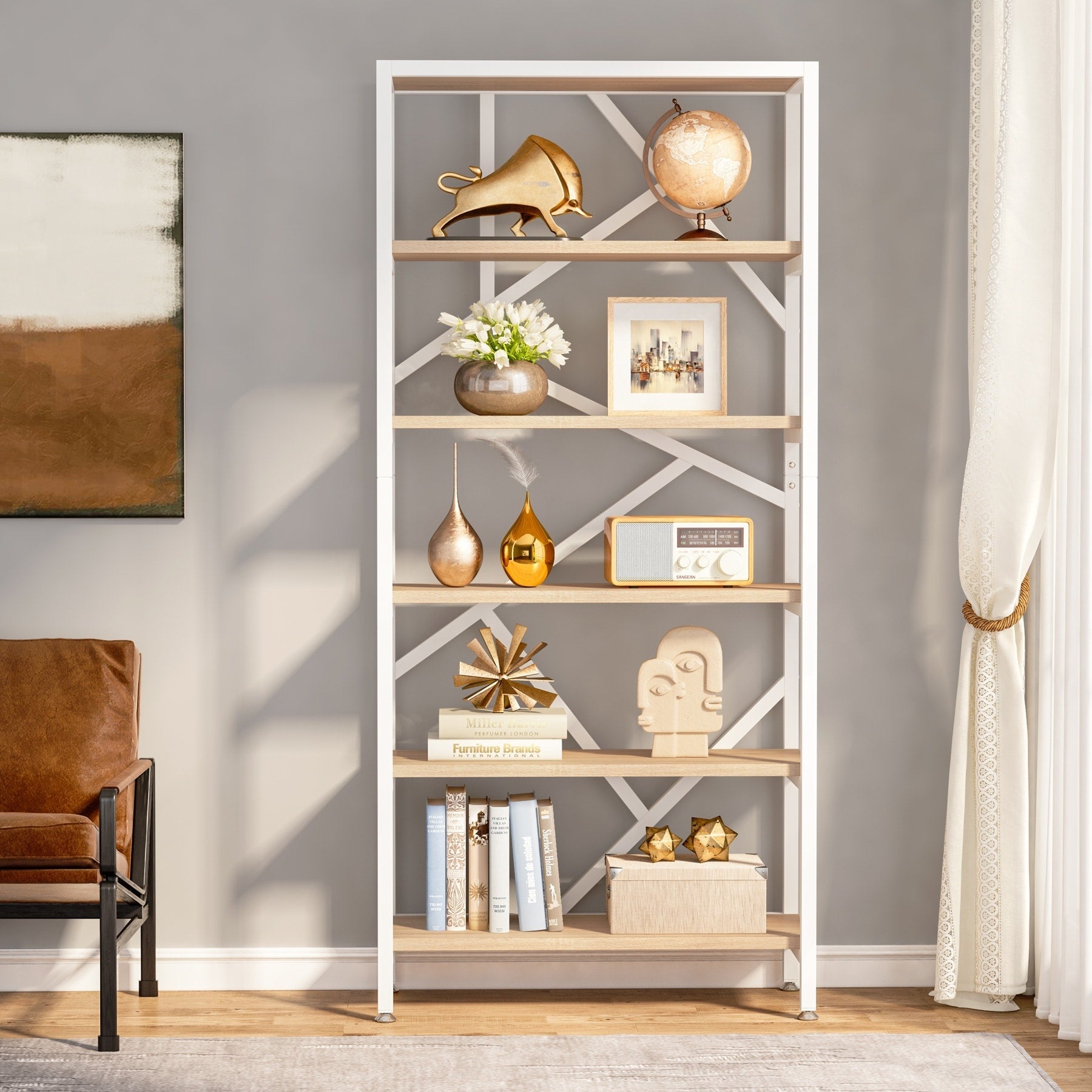 Libreria industriale 71, libreria Etagere in legno marrone rustico a 6 ripiani, ripiani aperti