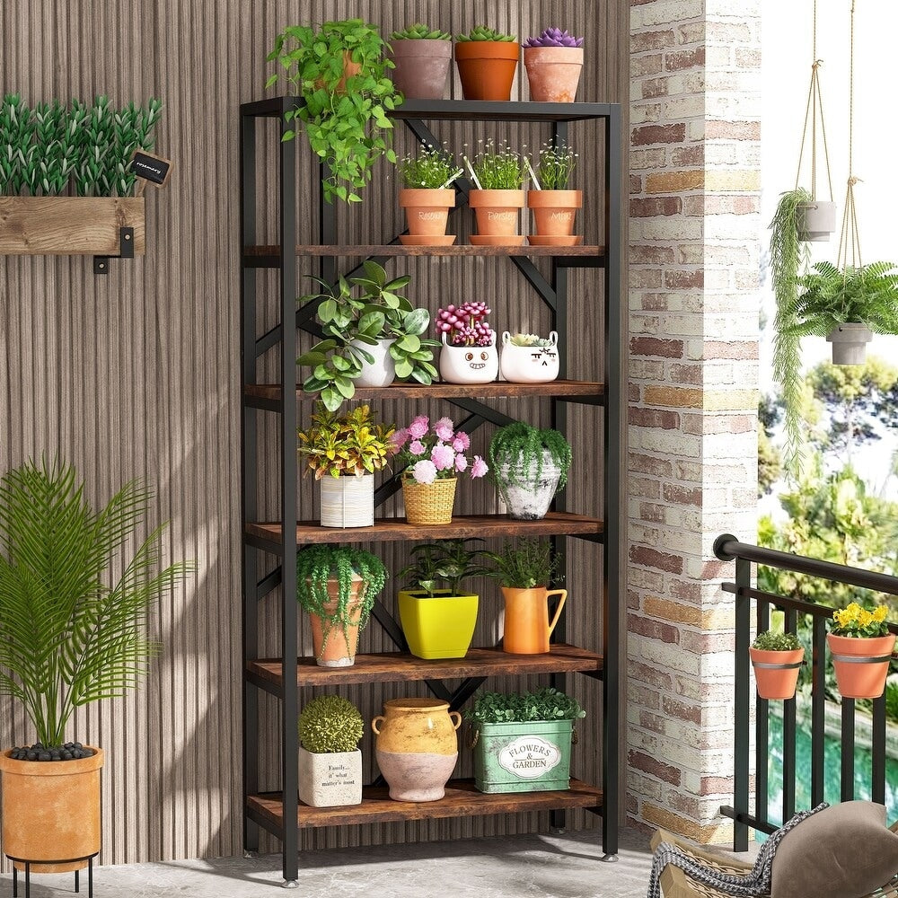 Libreria industriale 71, libreria Etagere in legno marrone rustico a 6 ripiani, ripiani aperti