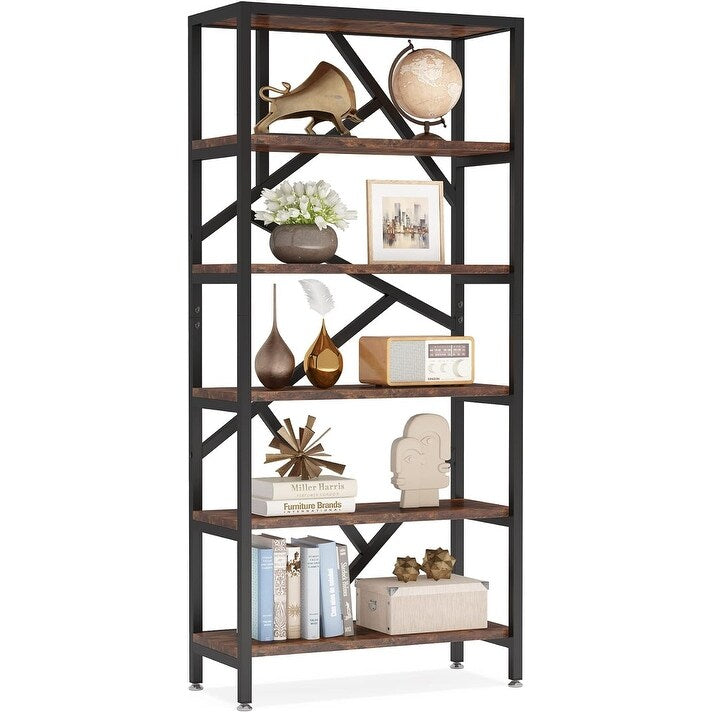 Libreria industriale 71, libreria Etagere in legno marrone rustico a 6 ripiani, ripiani aperti