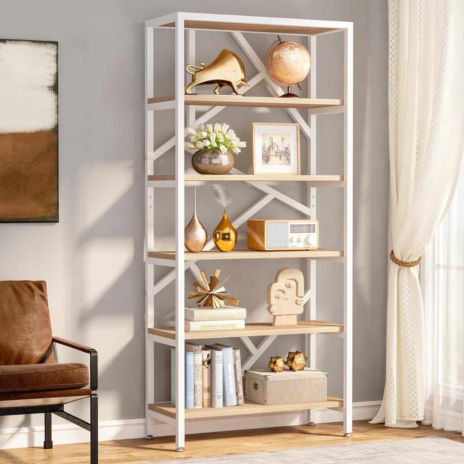 Libreria industriale 71, libreria Etagere in legno marrone rustico a 6 ripiani, ripiani aperti