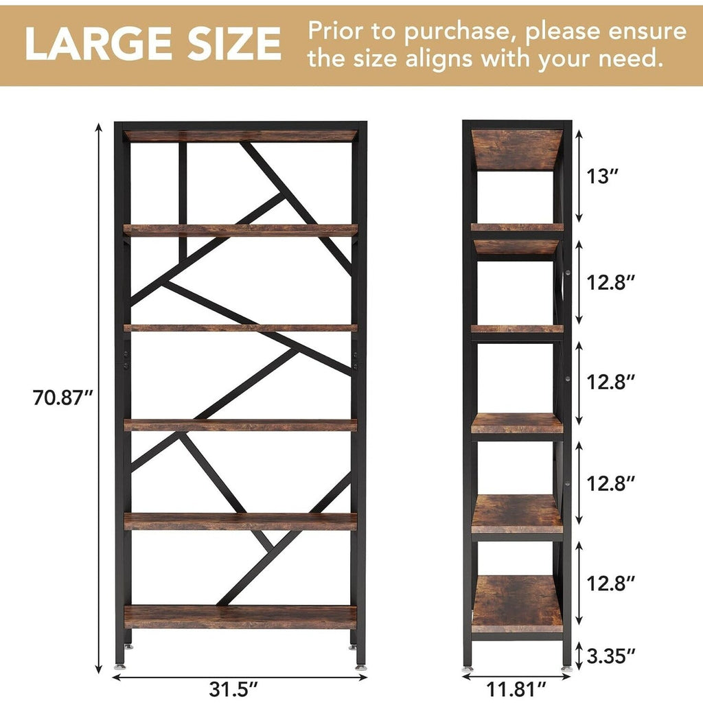 Libreria industriale 71, libreria Etagere in legno marrone rustico a 6 ripiani, ripiani aperti