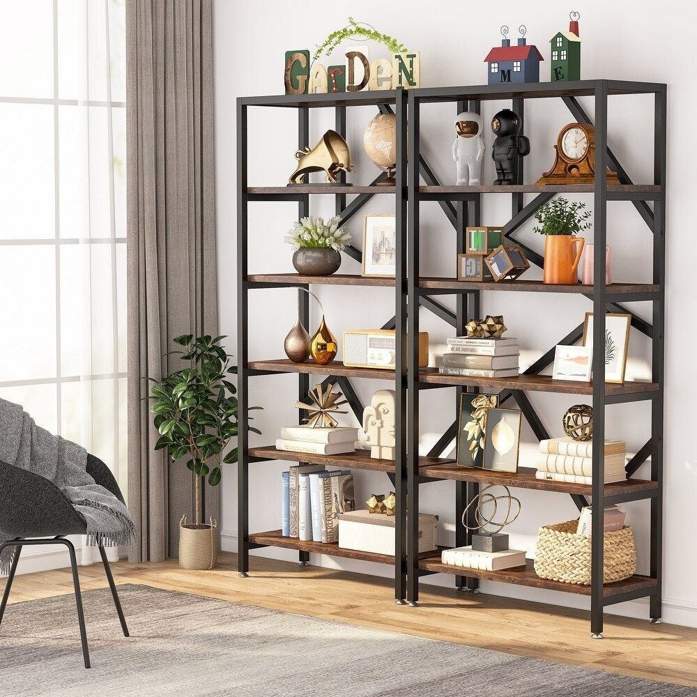 Libreria industriale 71, libreria Etagere in legno marrone rustico a 6 ripiani, ripiani aperti