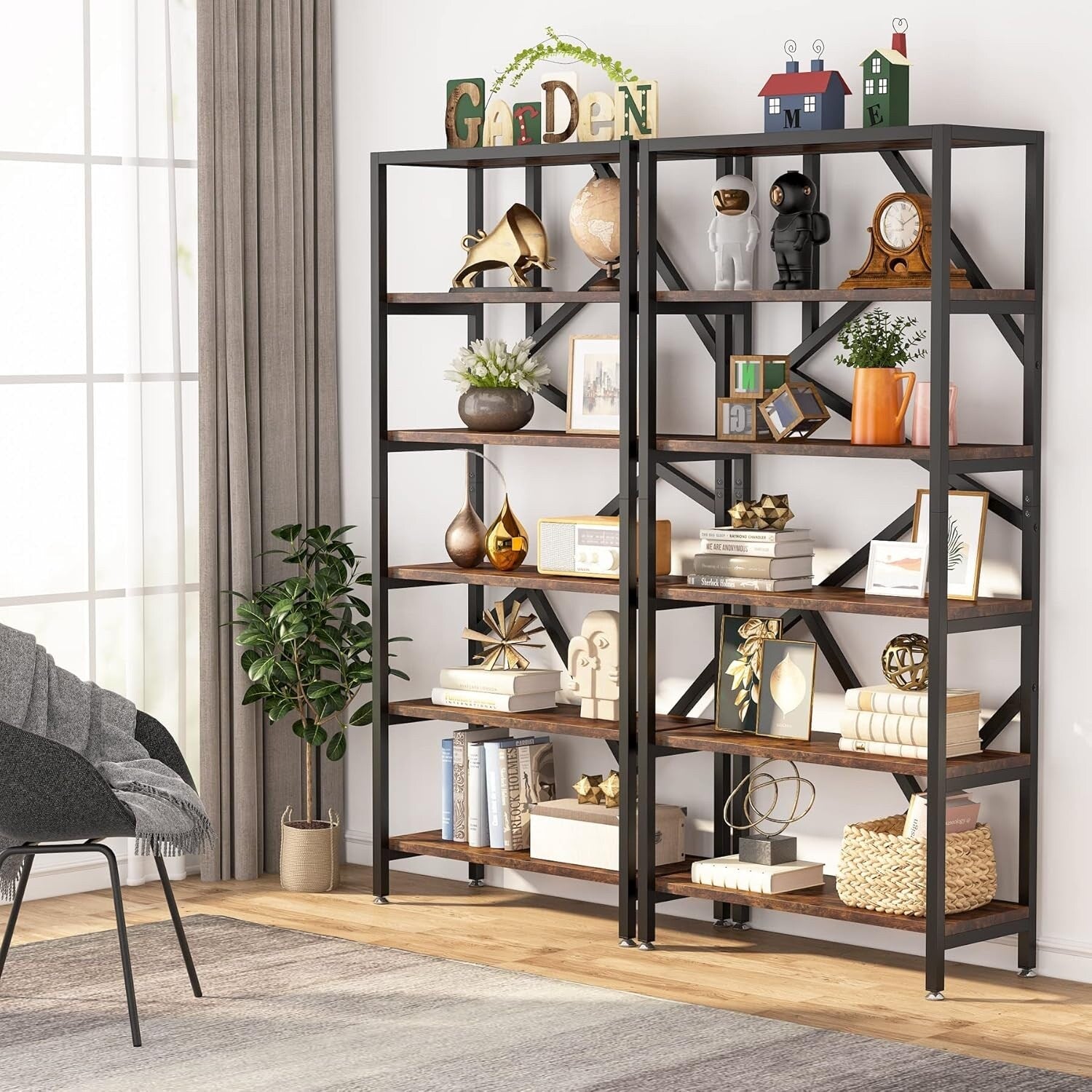 Libreria industriale 71, libreria Etagere in legno marrone rustico a 6 ripiani, ripiani aperti