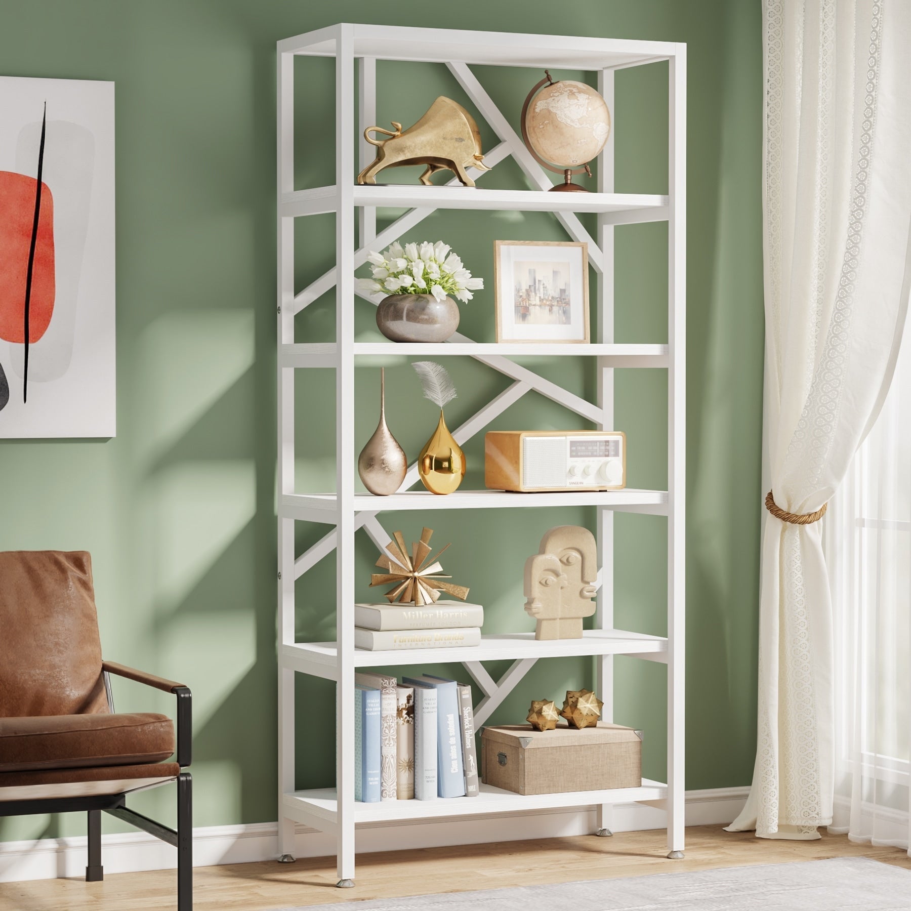 Libreria industriale 71, libreria Etagere in legno marrone rustico a 6 ripiani, ripiani aperti