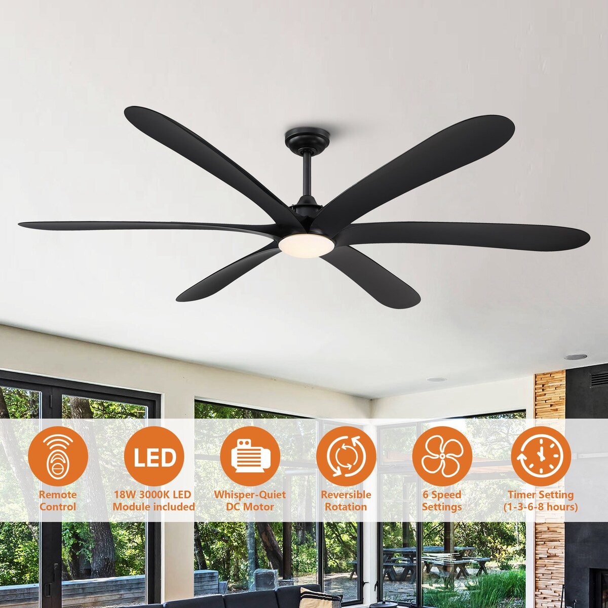 Ventilatore da soffitto DC grande a 6 pale in legno galleggiante da 72 pollici con luce e telecomando