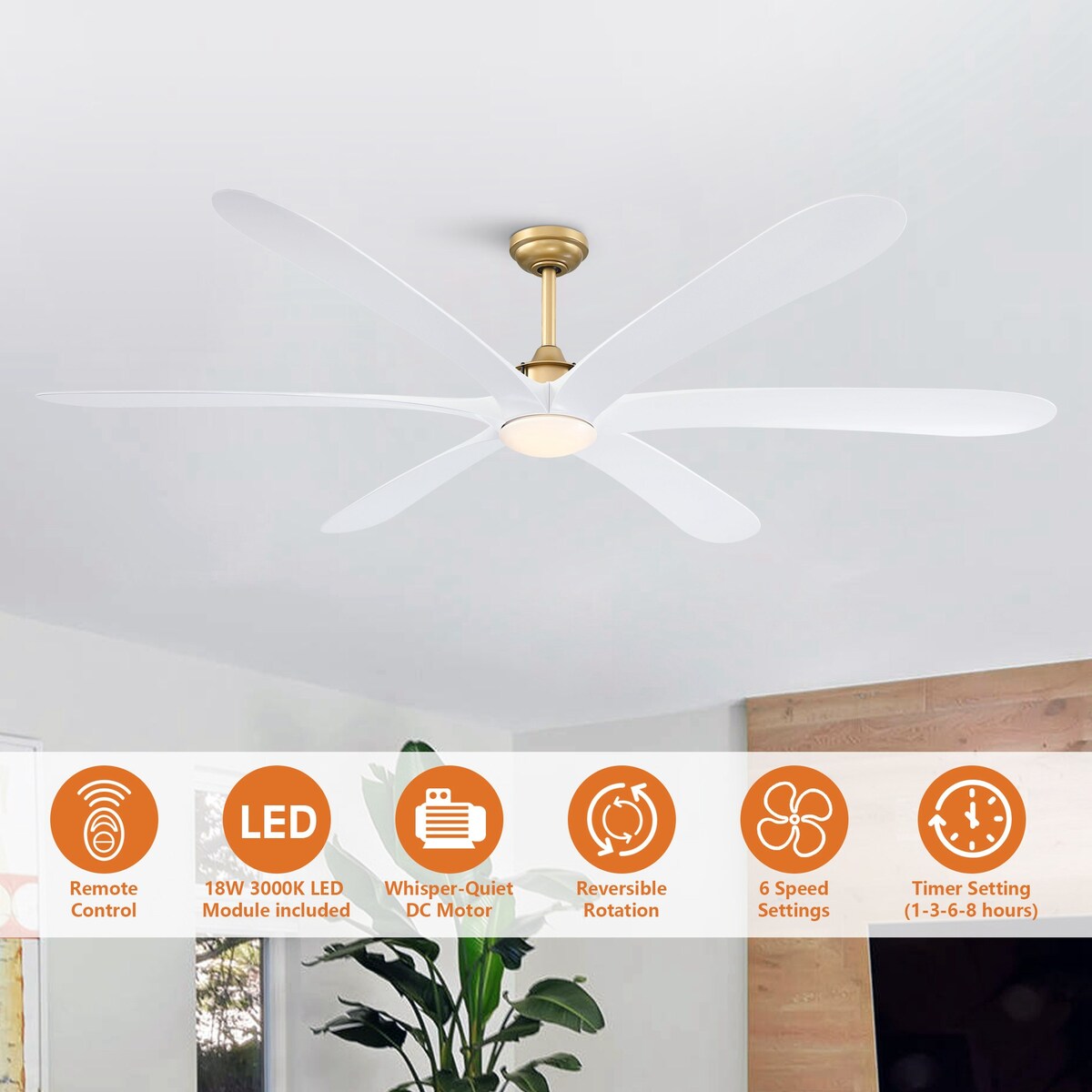 Ventilatore da soffitto DC grande a 6 pale in legno galleggiante da 72 pollici con luce e telecomando