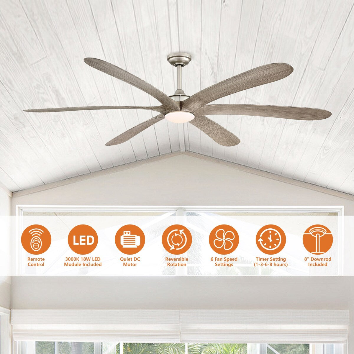 Ventilatore da soffitto DC grande a 6 pale in legno galleggiante da 72 pollici con luce e telecomando