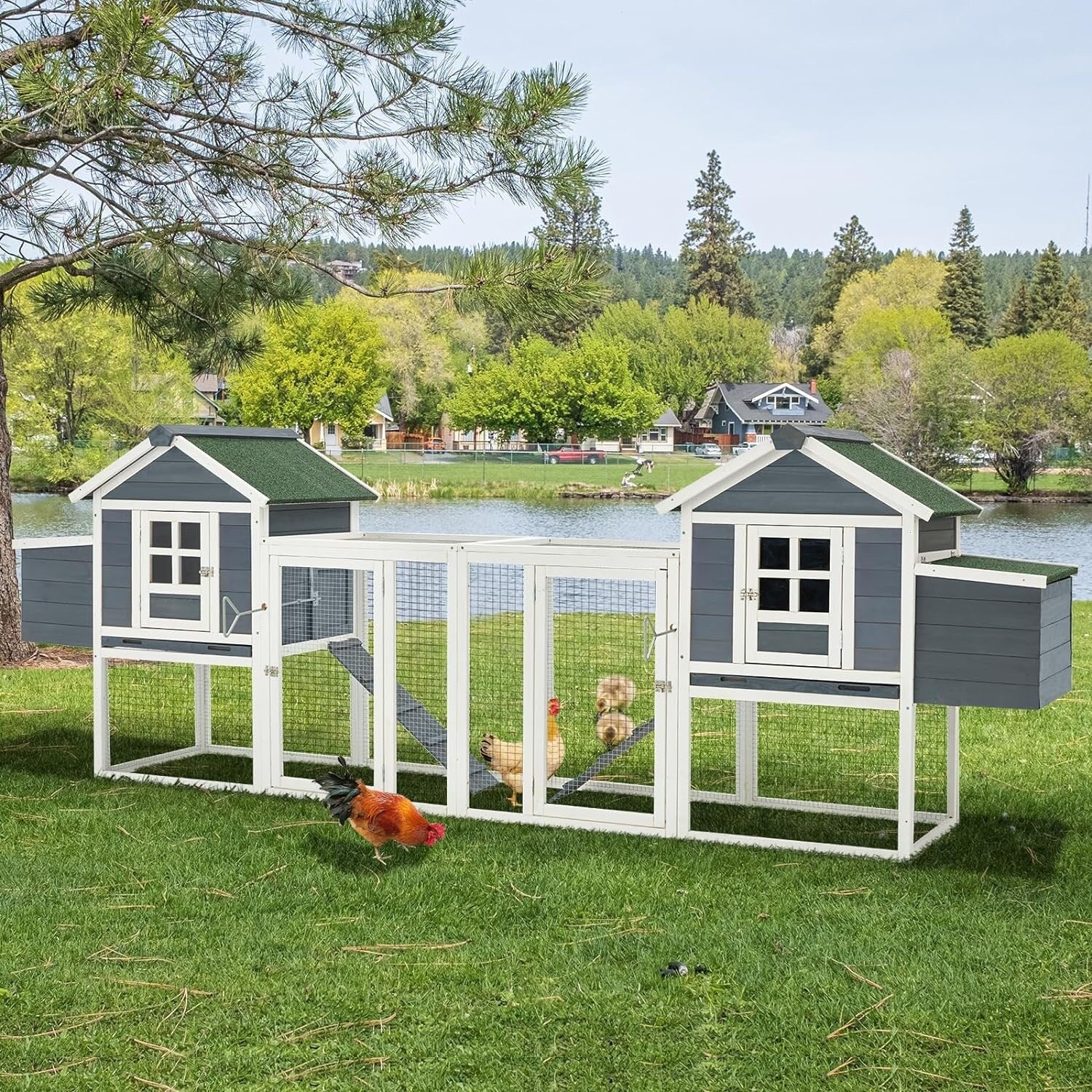 AECOJOY 144'' Grande pollaio con recinto in legno Gabbia per pollame
