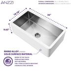 Lavello da cucina ANZZI Apollo Matte White Solid Surface Farmhouse da 36 pollici con vasca singola e interno in acciaio inossidabile