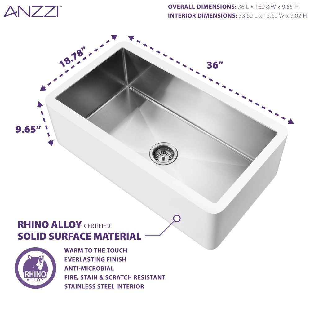 Lavello da cucina ANZZI Apollo Matte White Solid Surface Farmhouse da 36 pollici con vasca singola e interno in acciaio inossidabile