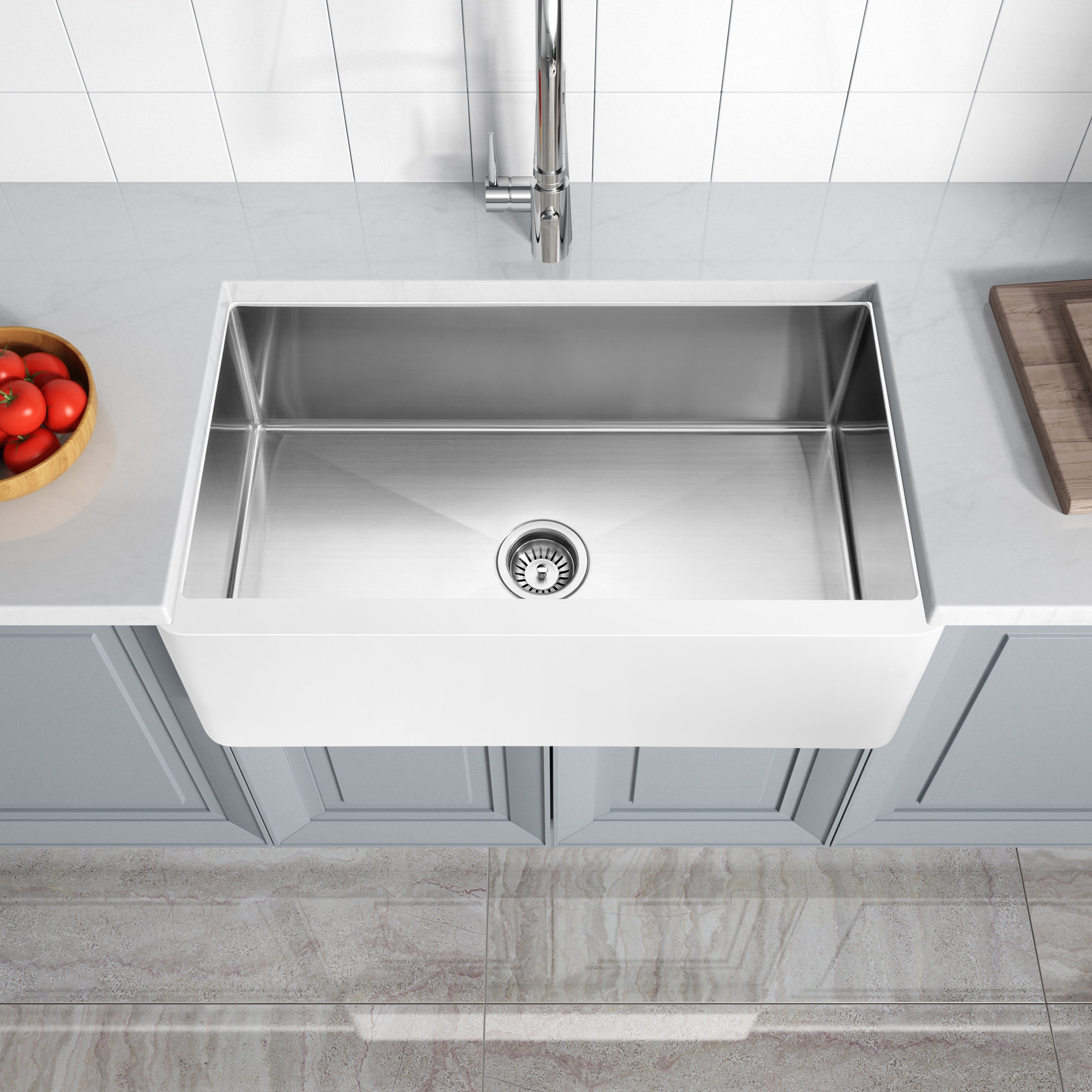 Lavello da cucina ANZZI Apollo Matte White Solid Surface Farmhouse da 36 pollici con vasca singola e interno in acciaio inossidabile