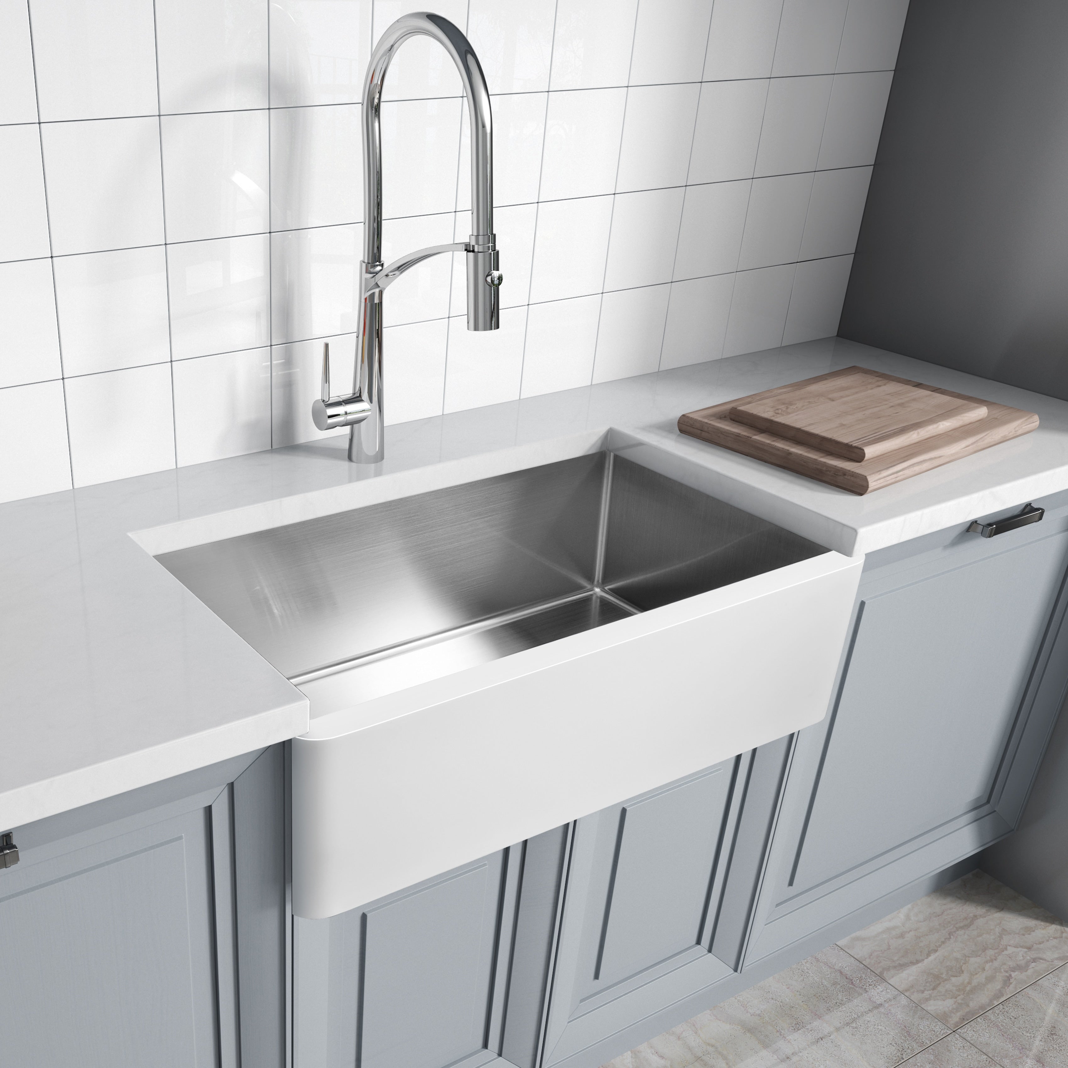 Lavello da cucina ANZZI Apollo Matte White Solid Surface Farmhouse da 36 pollici con vasca singola e interno in acciaio inossidabile