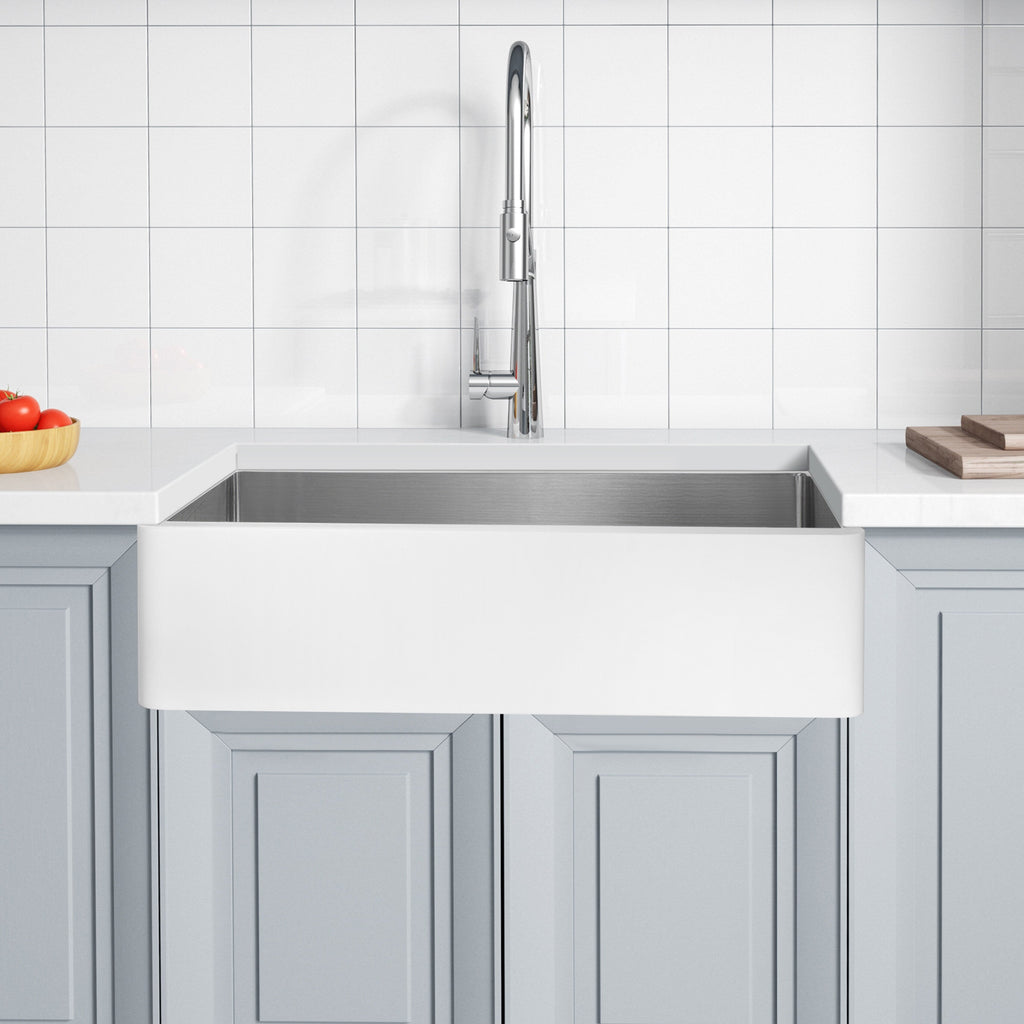 Lavello da cucina ANZZI Apollo Matte White Solid Surface Farmhouse da 36 pollici con vasca singola e interno in acciaio inossidabile