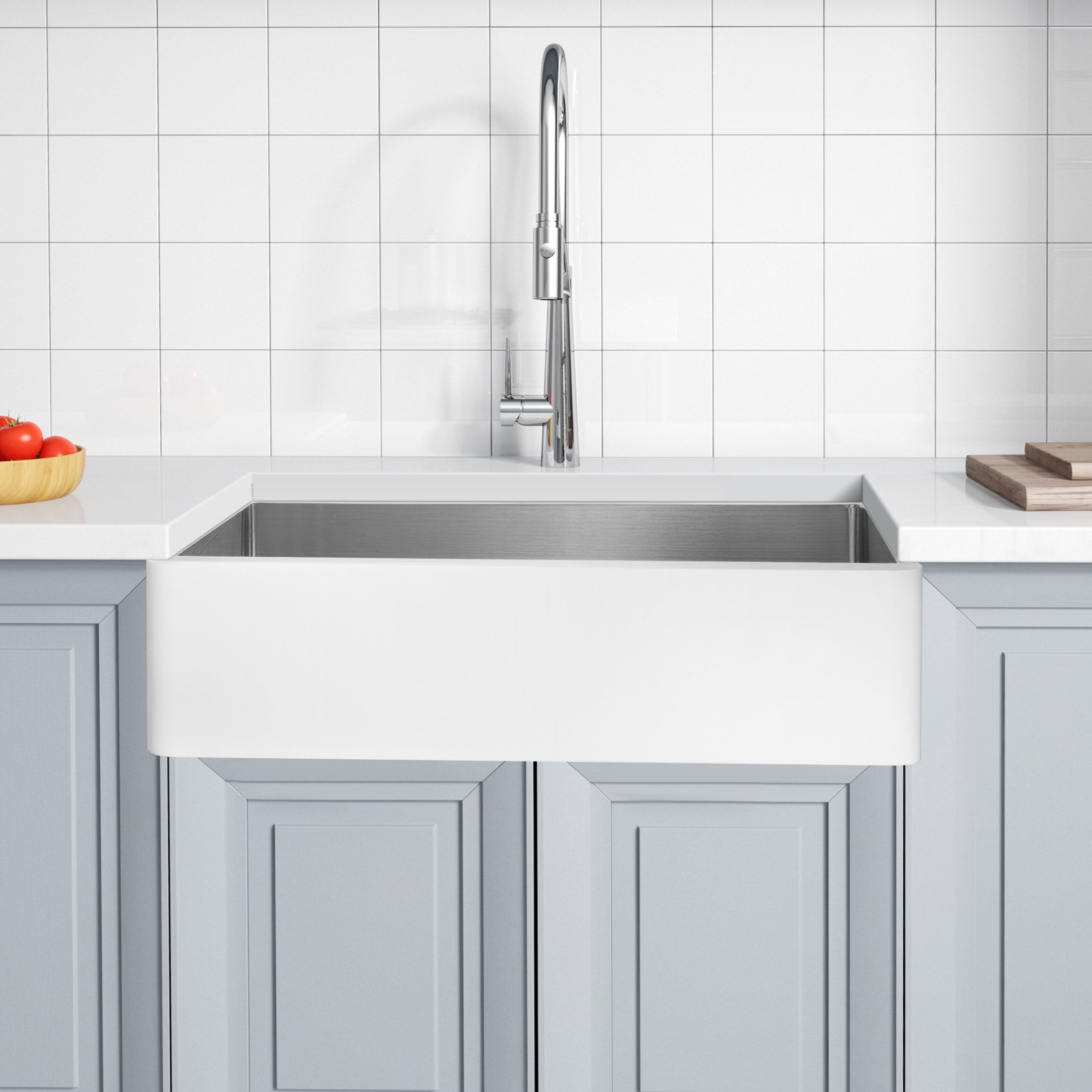 Lavello da cucina ANZZI Apollo Matte White Solid Surface Farmhouse da 36 pollici con vasca singola e interno in acciaio inossidabile