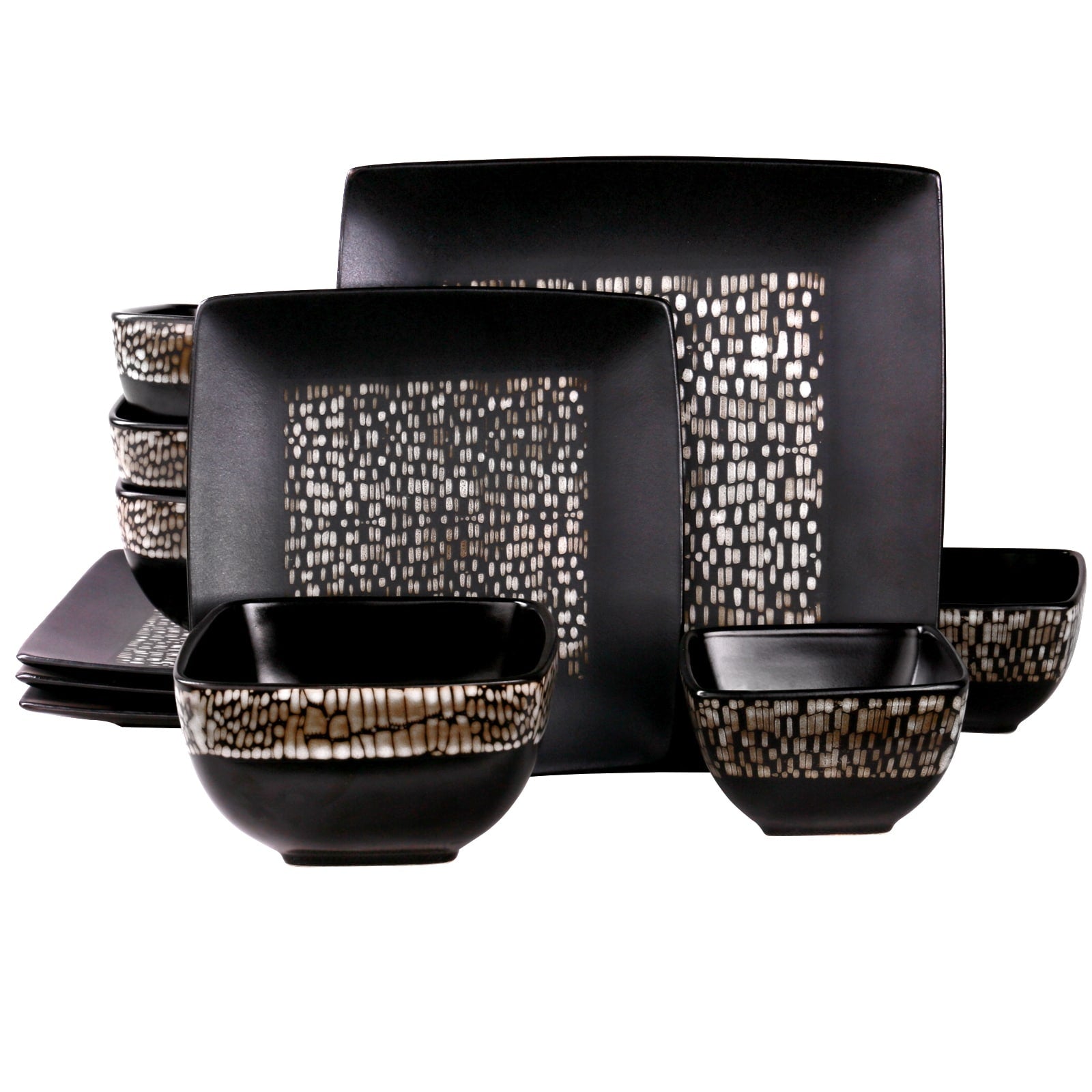 Set di stoviglie in gres nero con doppia ciotola quadrata astratta, 16 pezzi