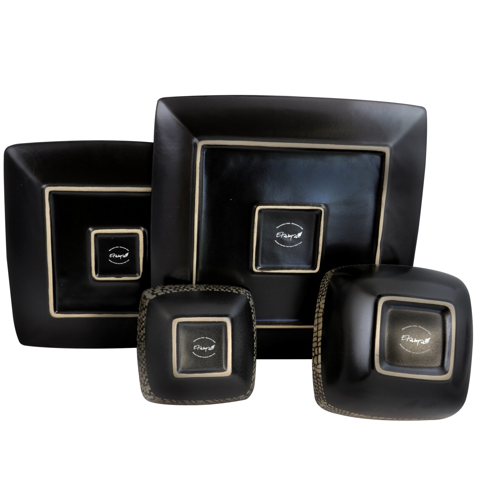 Set di stoviglie in gres nero con doppia ciotola quadrata astratta, 16 pezzi