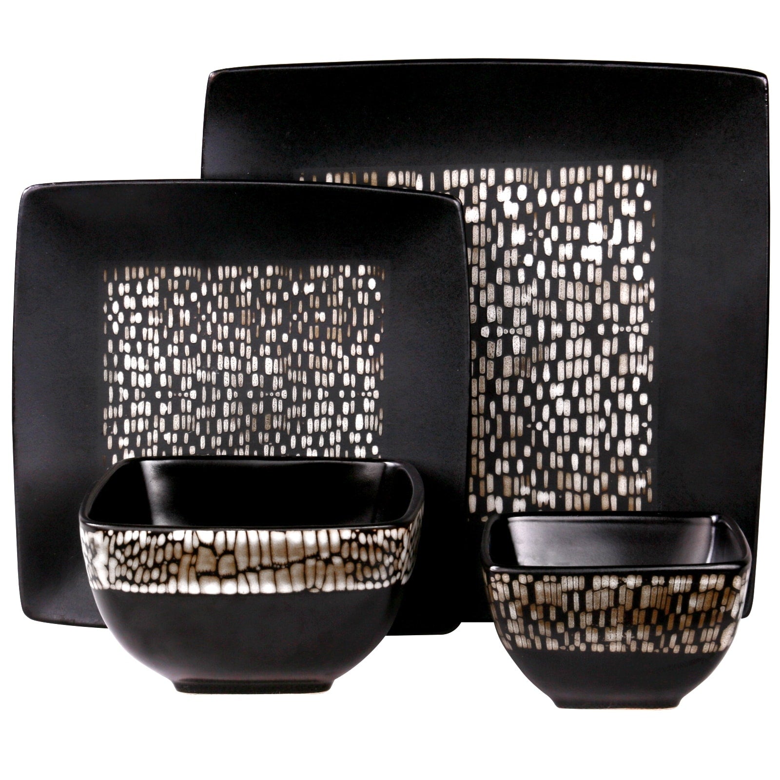 Set di stoviglie in gres nero con doppia ciotola quadrata astratta, 16 pezzi