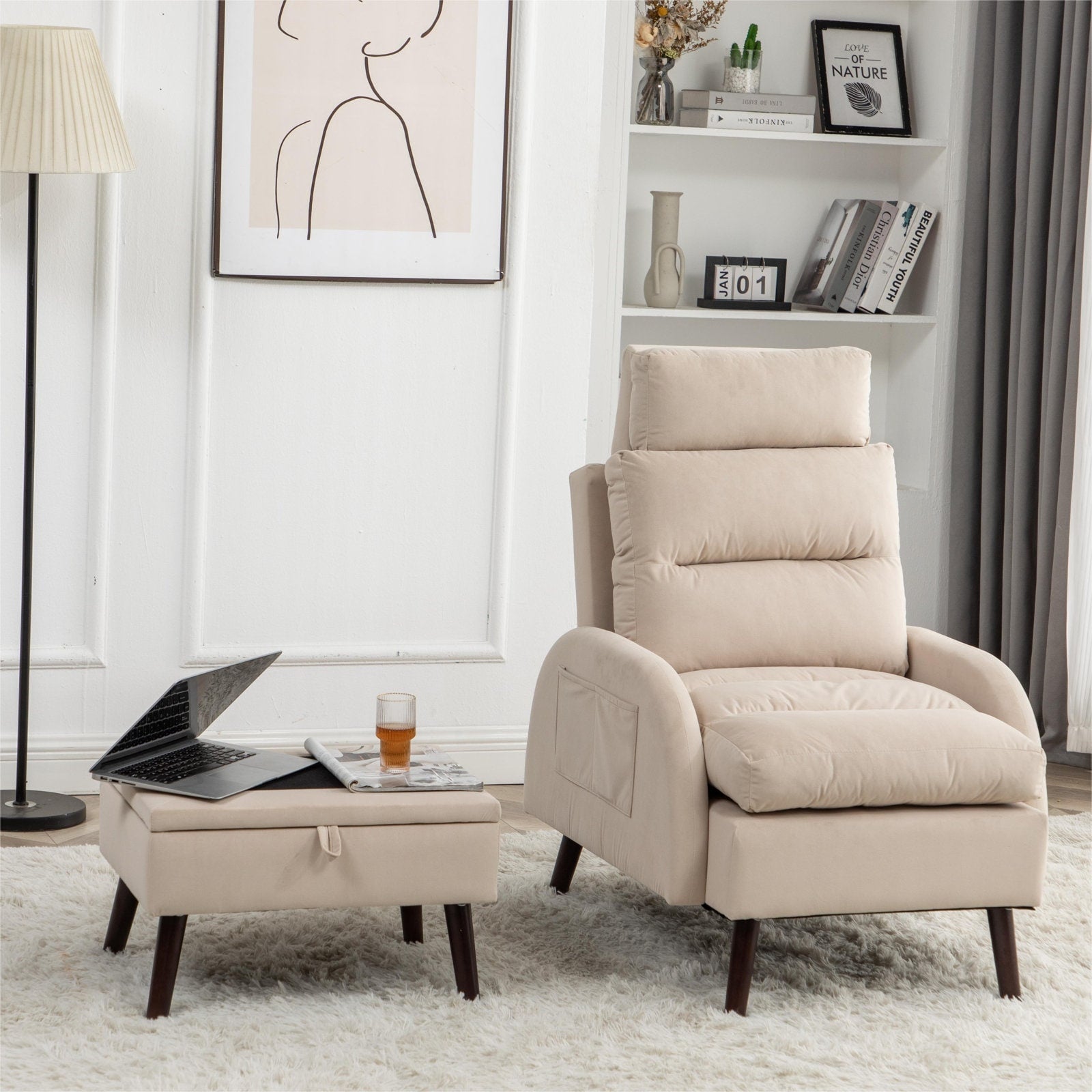 Poltrona lounge HOMYKA con schienale regolabile e pouf contenitore