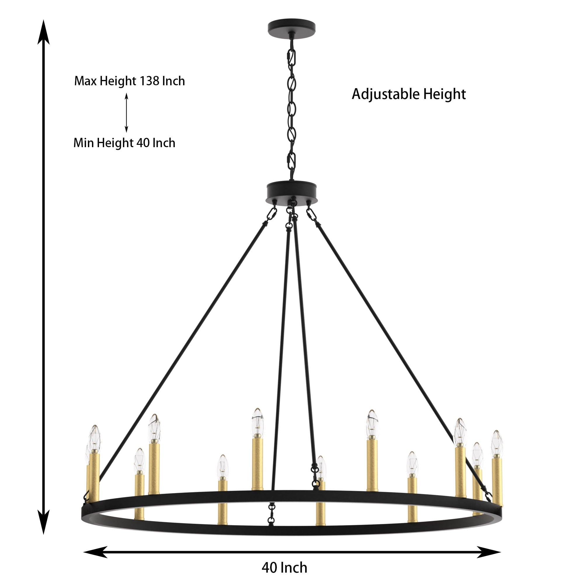 Lampadario a ruota di carro Acroma Farmhouse da 12 luci, 40 pollici, con UL - 40'' P x 138'' H