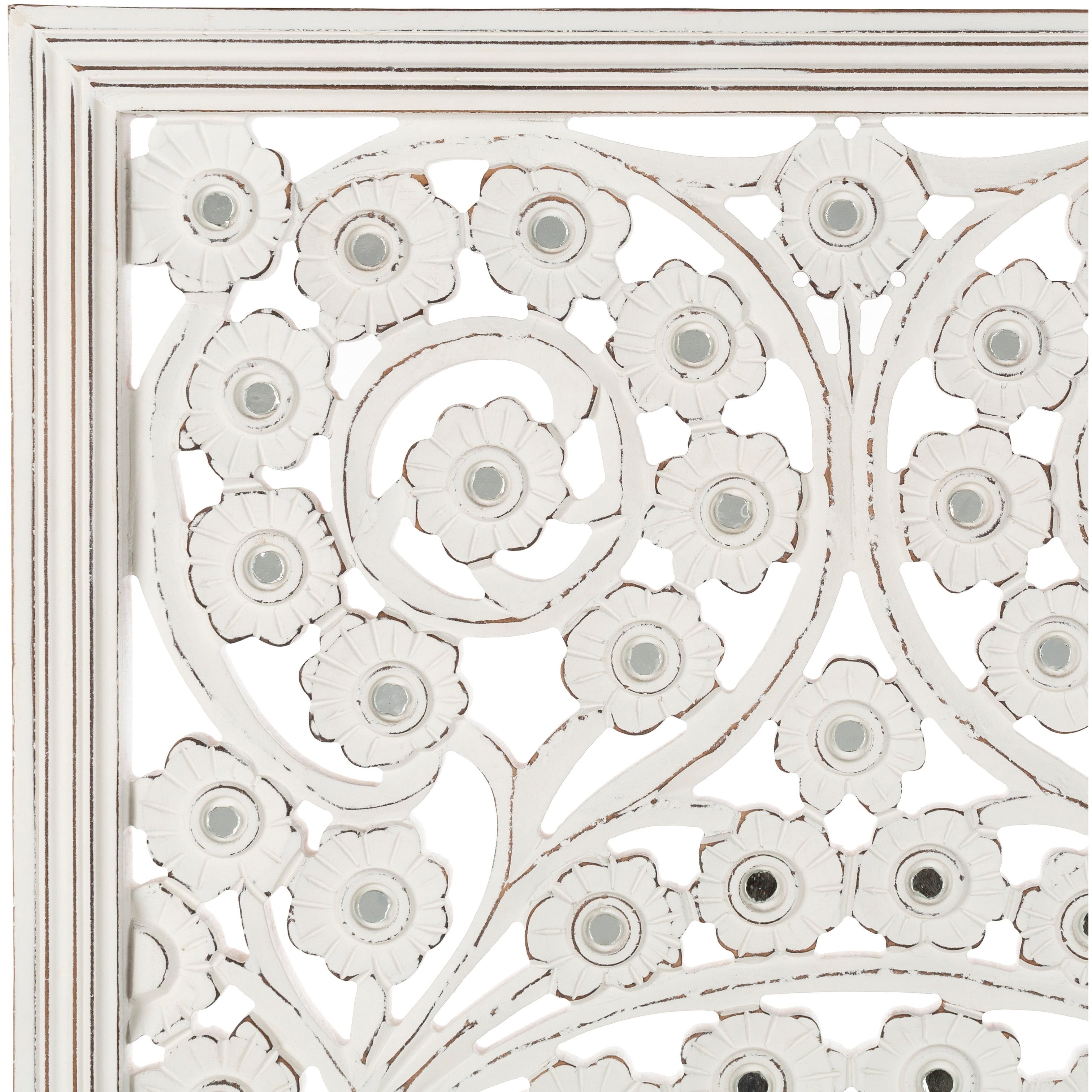 Pannello da parete Allen White Washed intagliato a mano da 48x28 pollici con intarsio a specchio