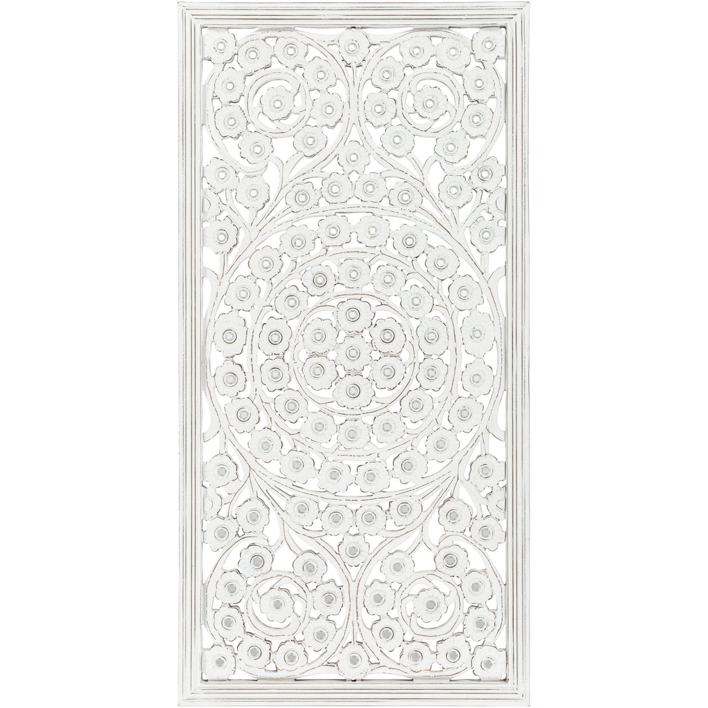 Pannello da parete Allen White Washed intagliato a mano da 48x28 pollici con intarsio a specchio