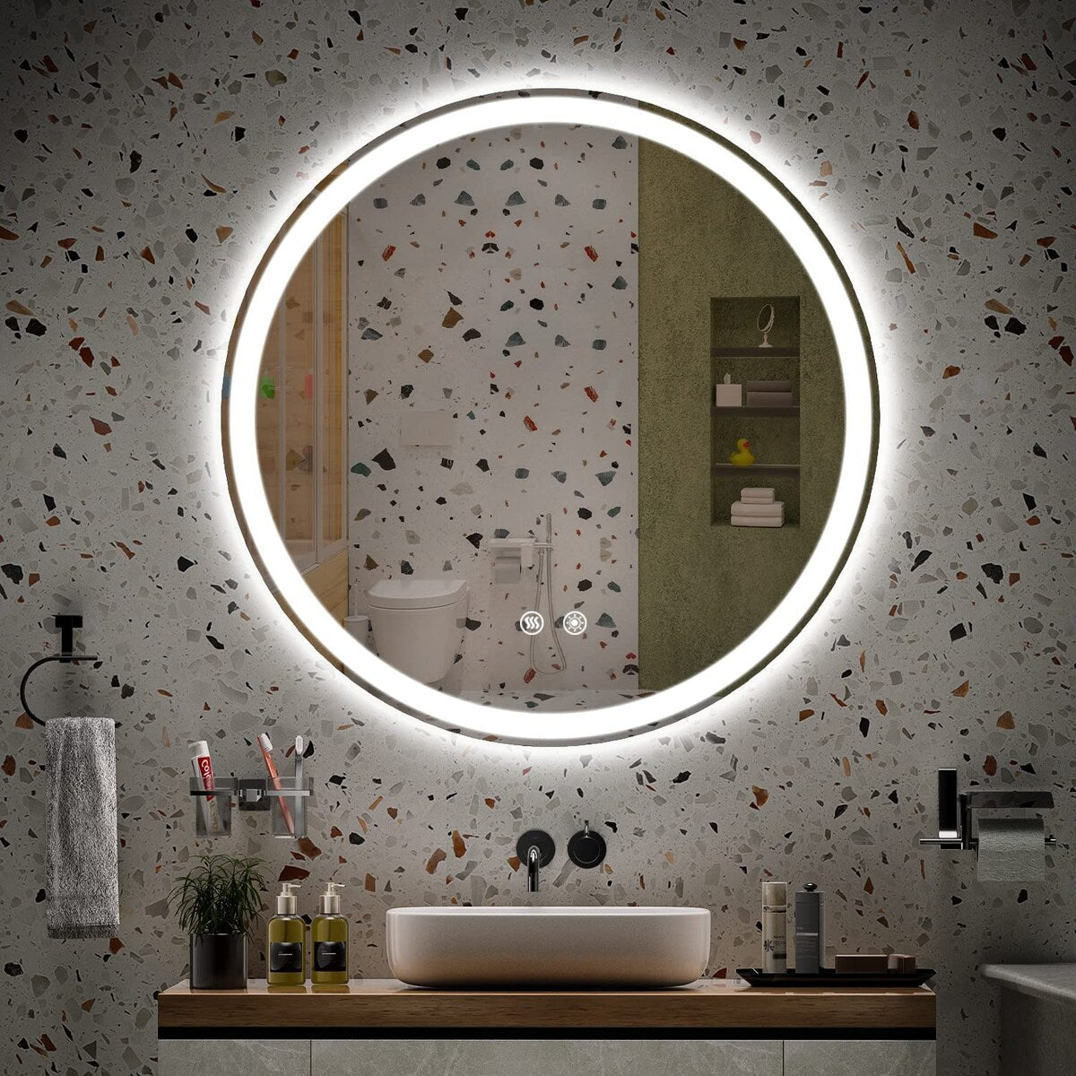 Specchio da toeletta arrotondato senza cornice, dimmerabile, antiappannamento e illuminato a LED