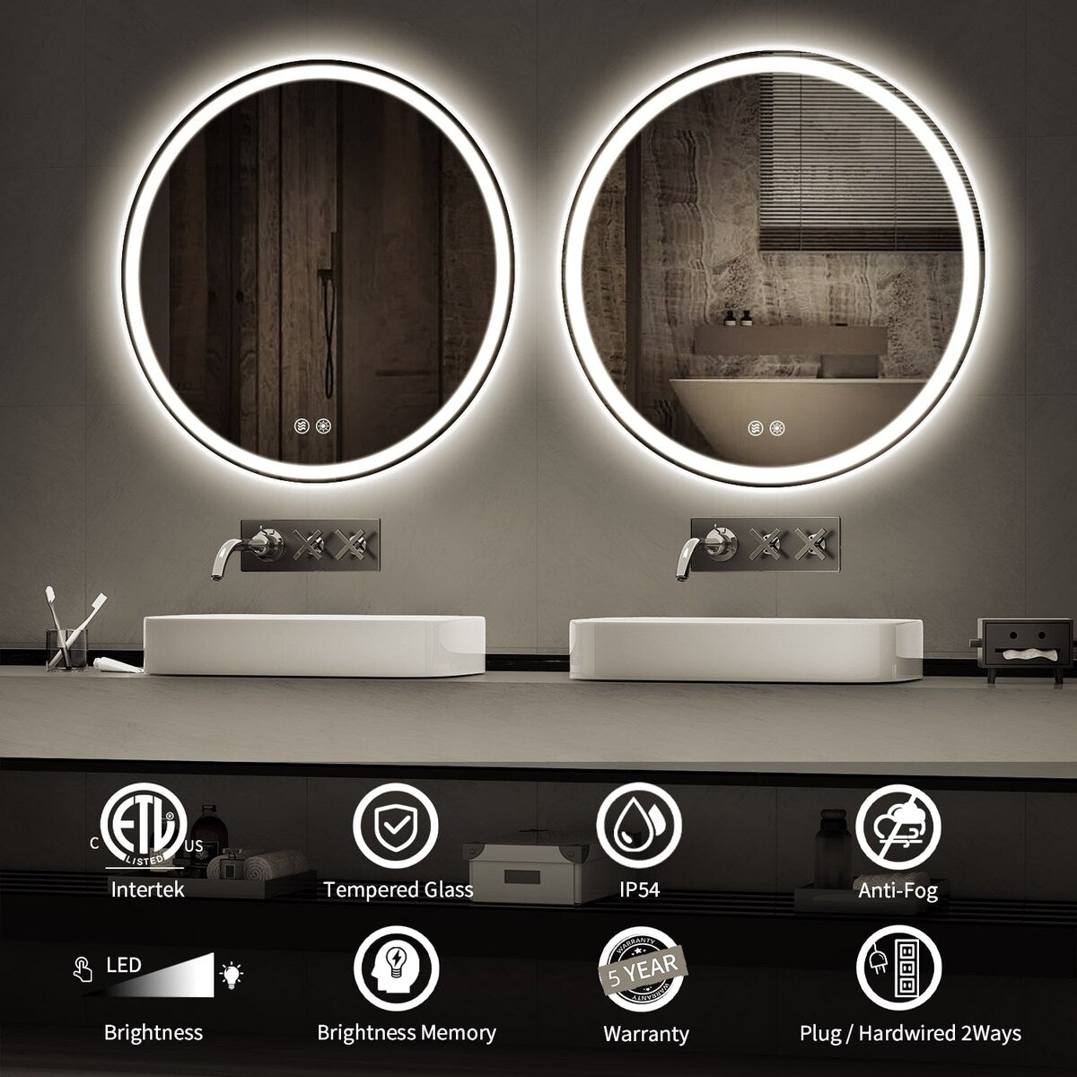Specchio da toeletta arrotondato senza cornice, dimmerabile, antiappannamento e illuminato a LED