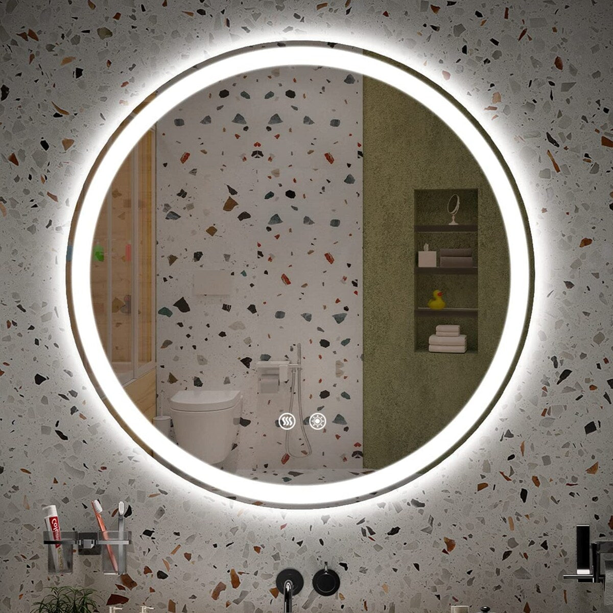 Specchio da toeletta arrotondato senza cornice, dimmerabile, antiappannamento e illuminato a LED