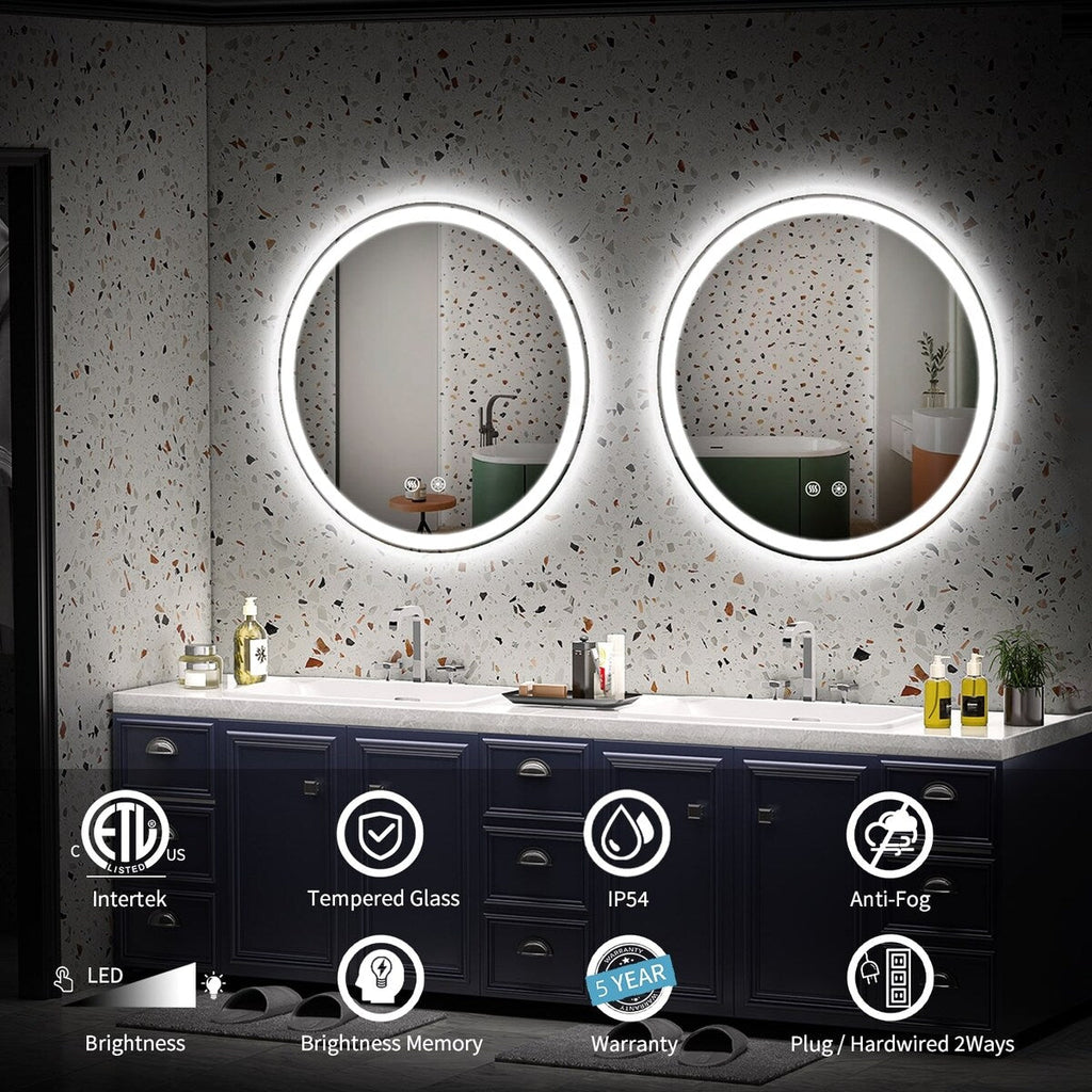 Specchio da toeletta arrotondato senza cornice, dimmerabile, antiappannamento e illuminato a LED