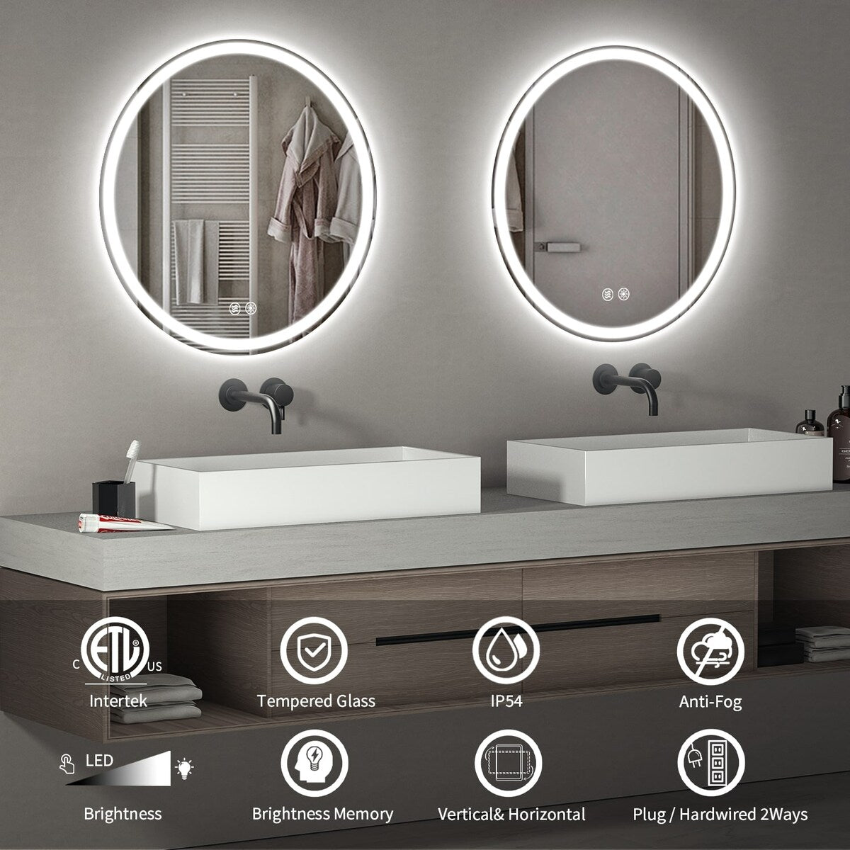 Specchio da toeletta arrotondato senza cornice, dimmerabile, antiappannamento e illuminato a LED