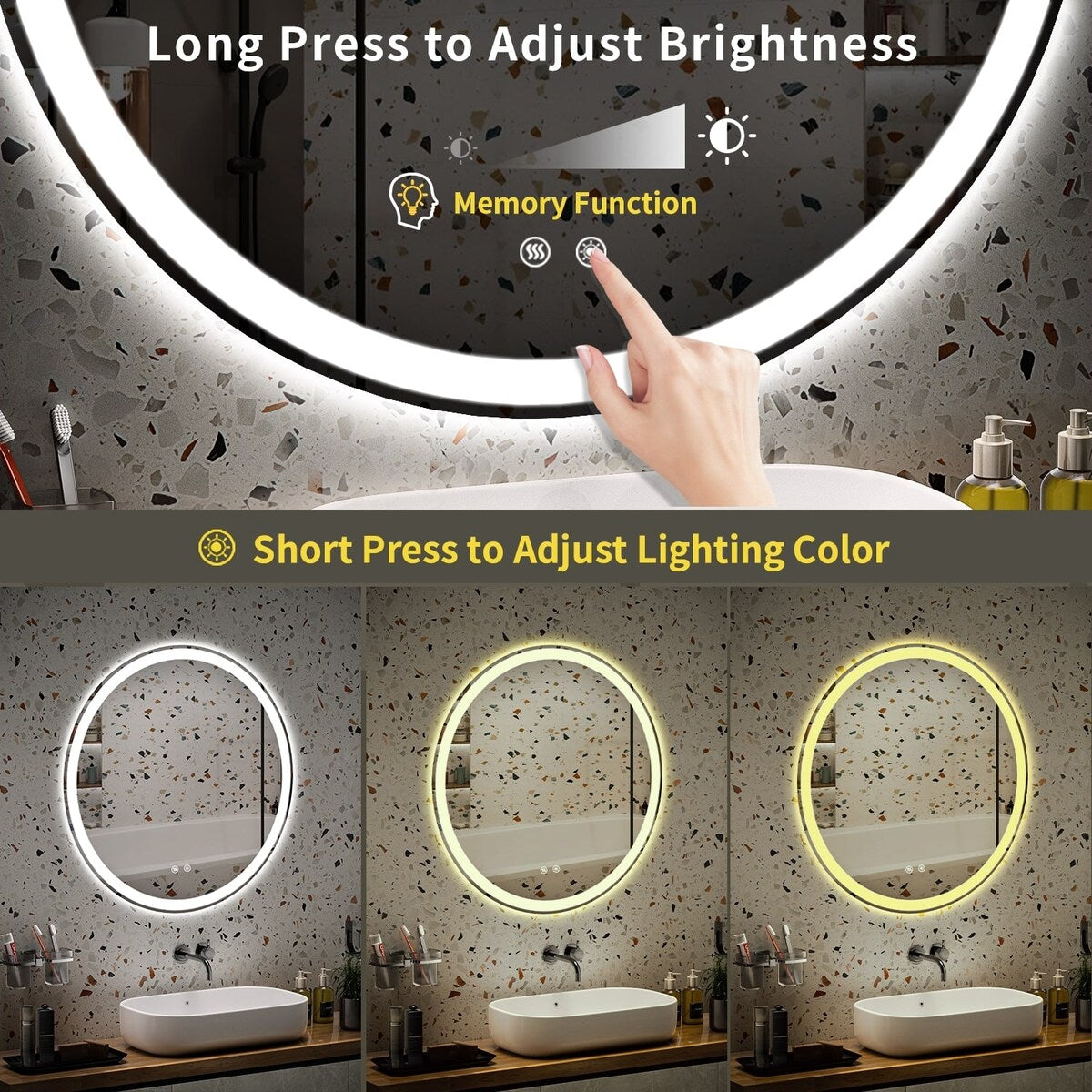 Specchio da toeletta arrotondato senza cornice, dimmerabile, antiappannamento e illuminato a LED