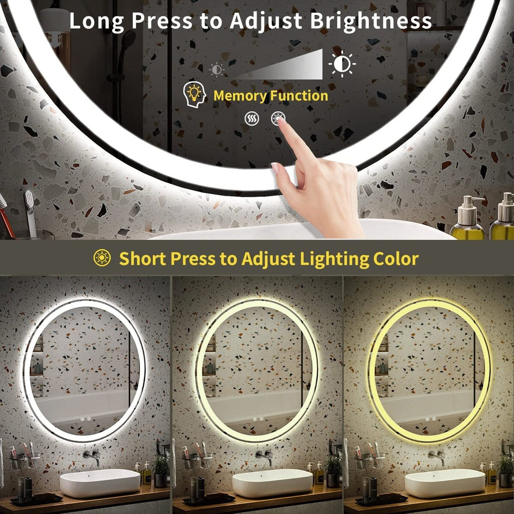 Specchio da toeletta arrotondato senza cornice, dimmerabile, antiappannamento e illuminato a LED