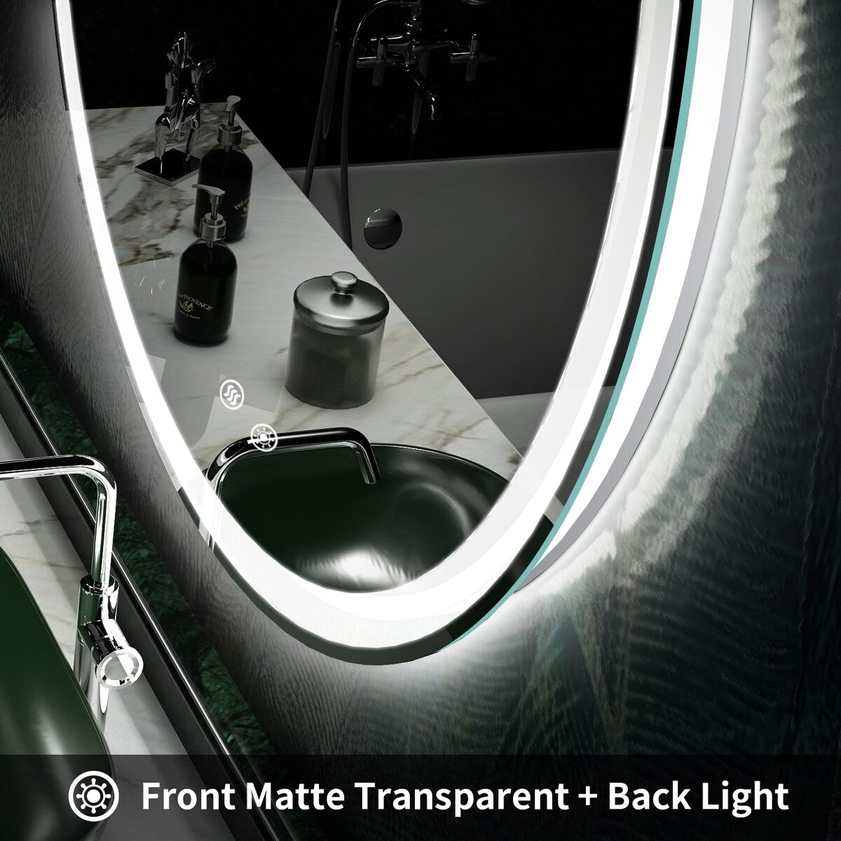 Specchio da toeletta arrotondato senza cornice, dimmerabile, antiappannamento e illuminato a LED