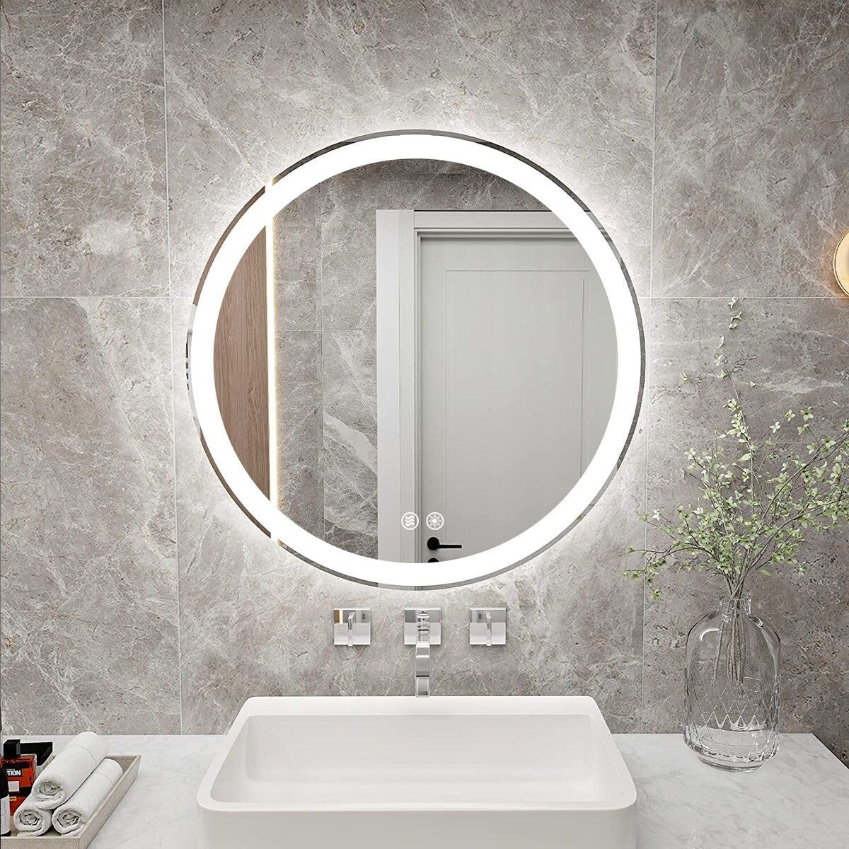 Specchio da toeletta arrotondato senza cornice, dimmerabile, antiappannamento e illuminato a LED
