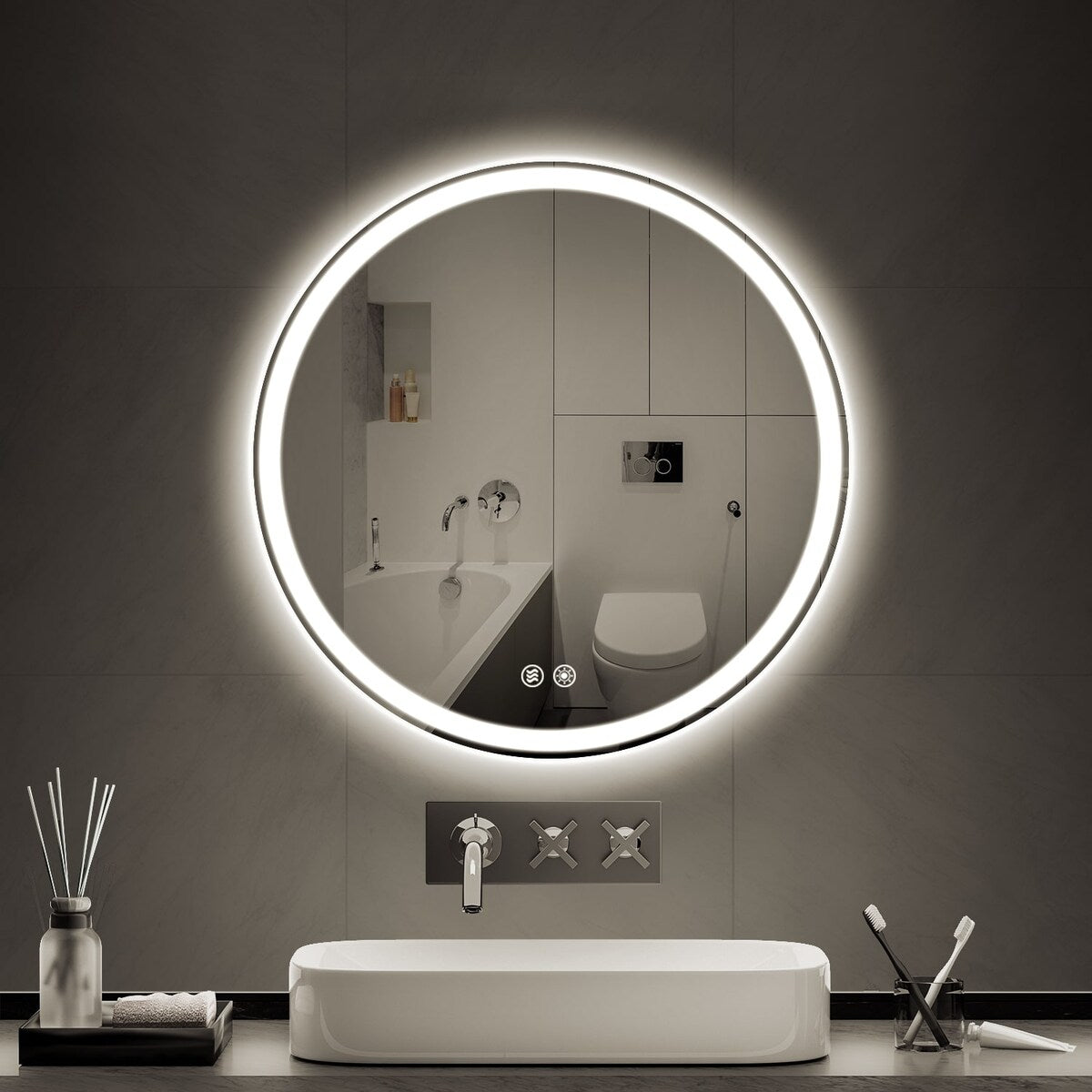 Specchio da toeletta arrotondato senza cornice, dimmerabile, antiappannamento e illuminato a LED