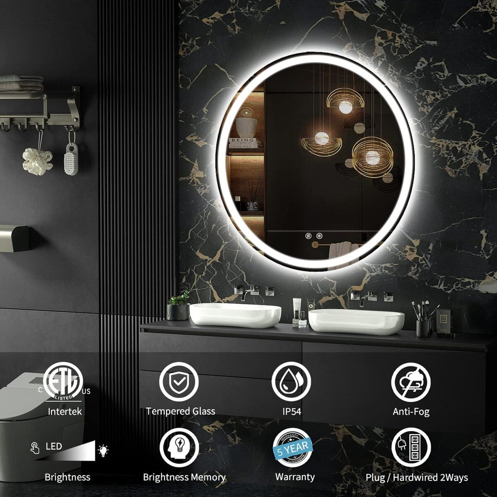 Specchio da toeletta arrotondato senza cornice, dimmerabile, antiappannamento e illuminato a LED
