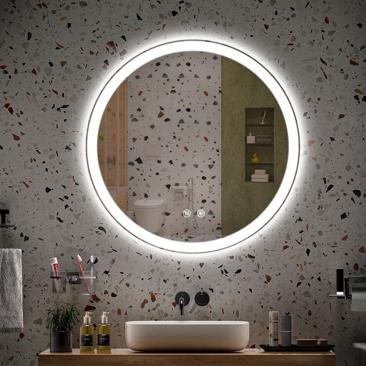 Specchio da toeletta arrotondato senza cornice, dimmerabile, antiappannamento e illuminato a LED