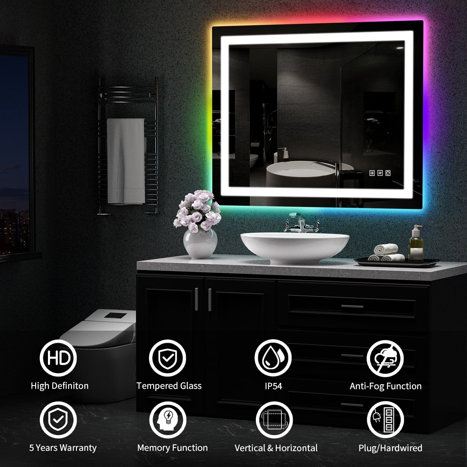 Specchio da bagno antiappannamento retroilluminato RGB e frontale a LED