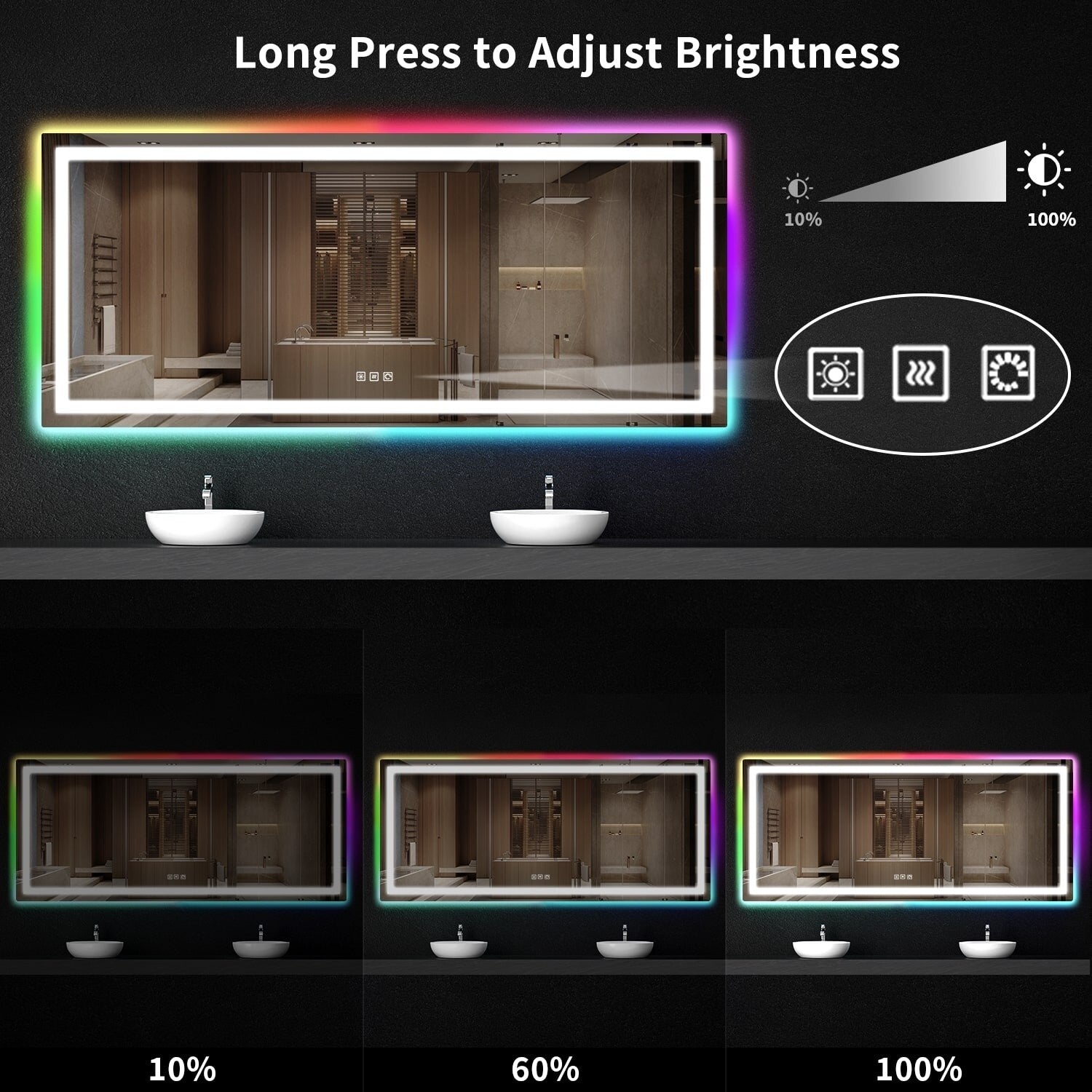 Specchio da bagno antiappannamento retroilluminato RGB e frontale a LED