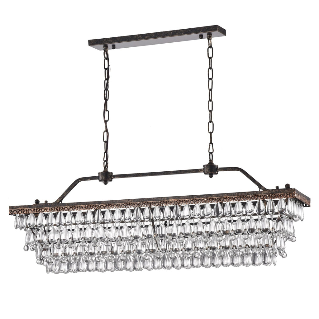 Lampada da cucina rettangolare a 6 luci in bronzo antico con cristalli pendenti - Bronzo antico