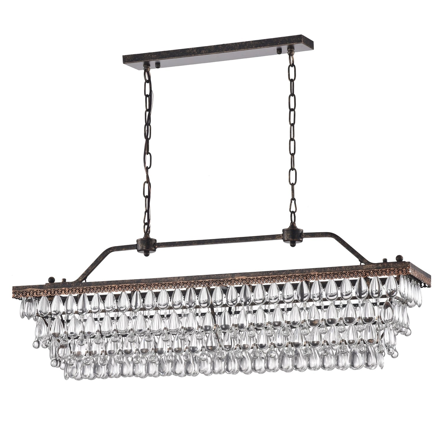 Lampada da cucina rettangolare a 6 luci in bronzo antico con cristalli pendenti - Bronzo antico