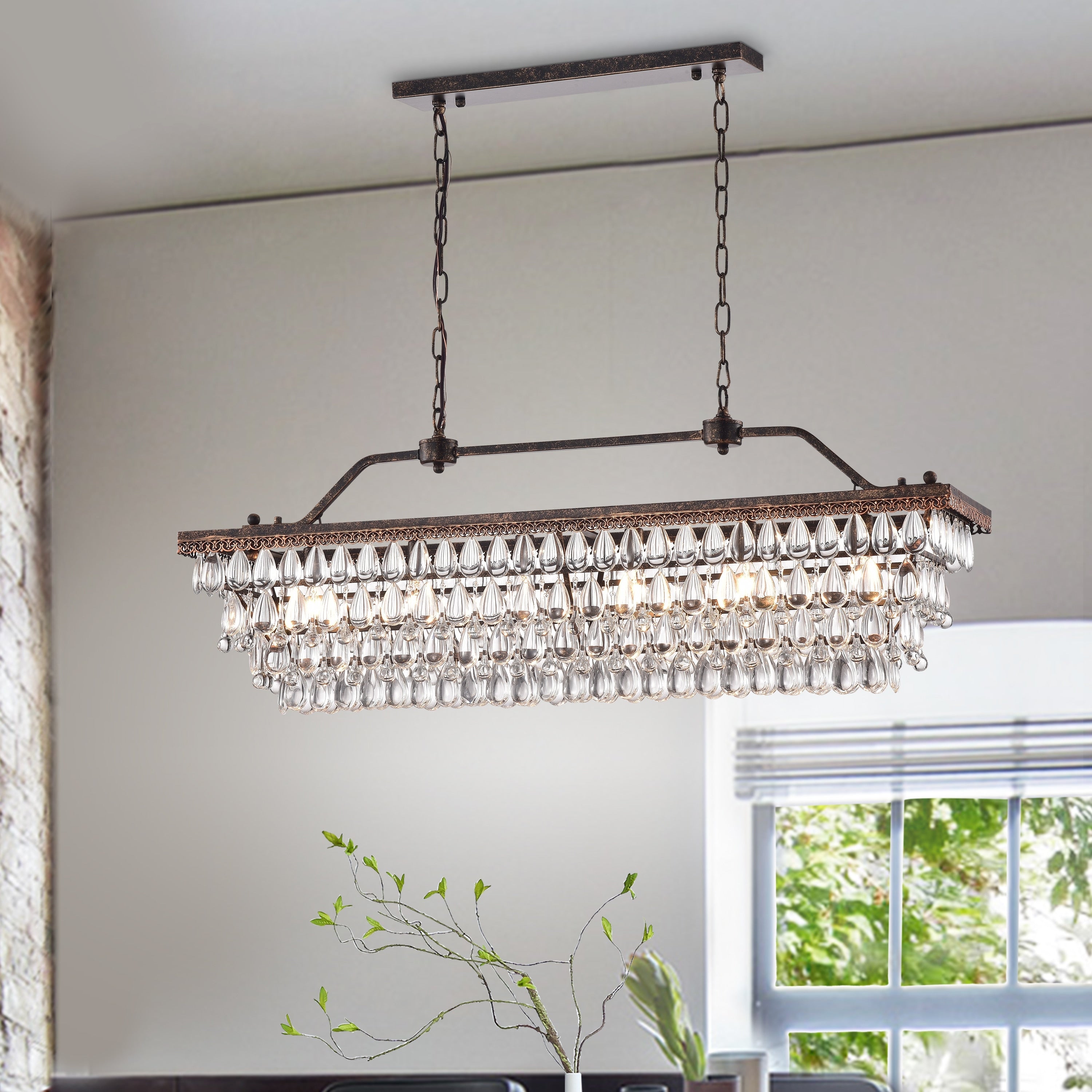 Lampada da cucina rettangolare a 6 luci in bronzo antico con cristalli pendenti - Bronzo antico